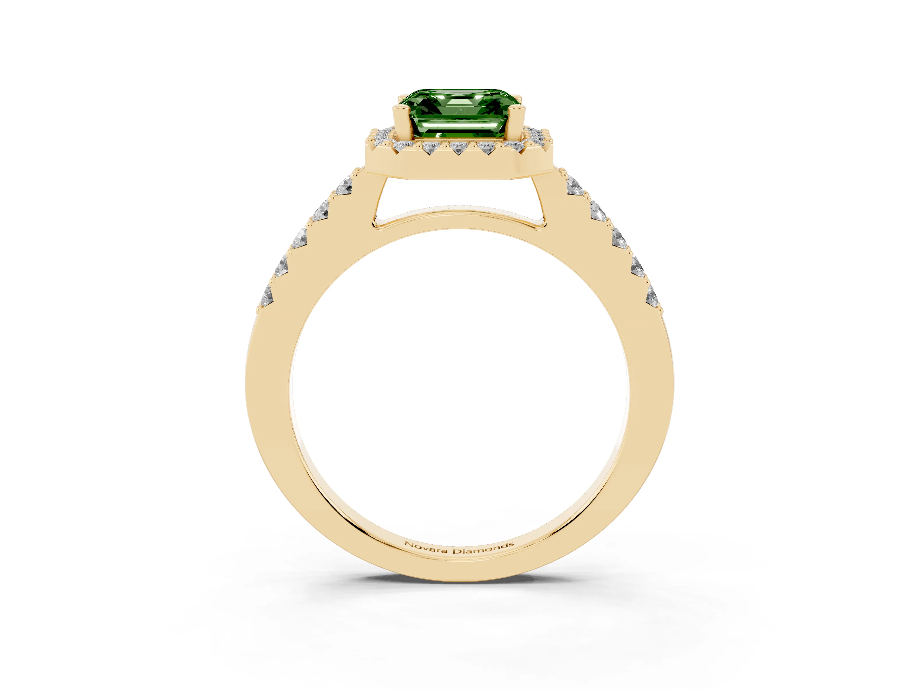 Fancy Green Asscher Cut Diamond Halo Pavé Solitaire Ring Set in Yellow gold with Prong-Set Center Stone