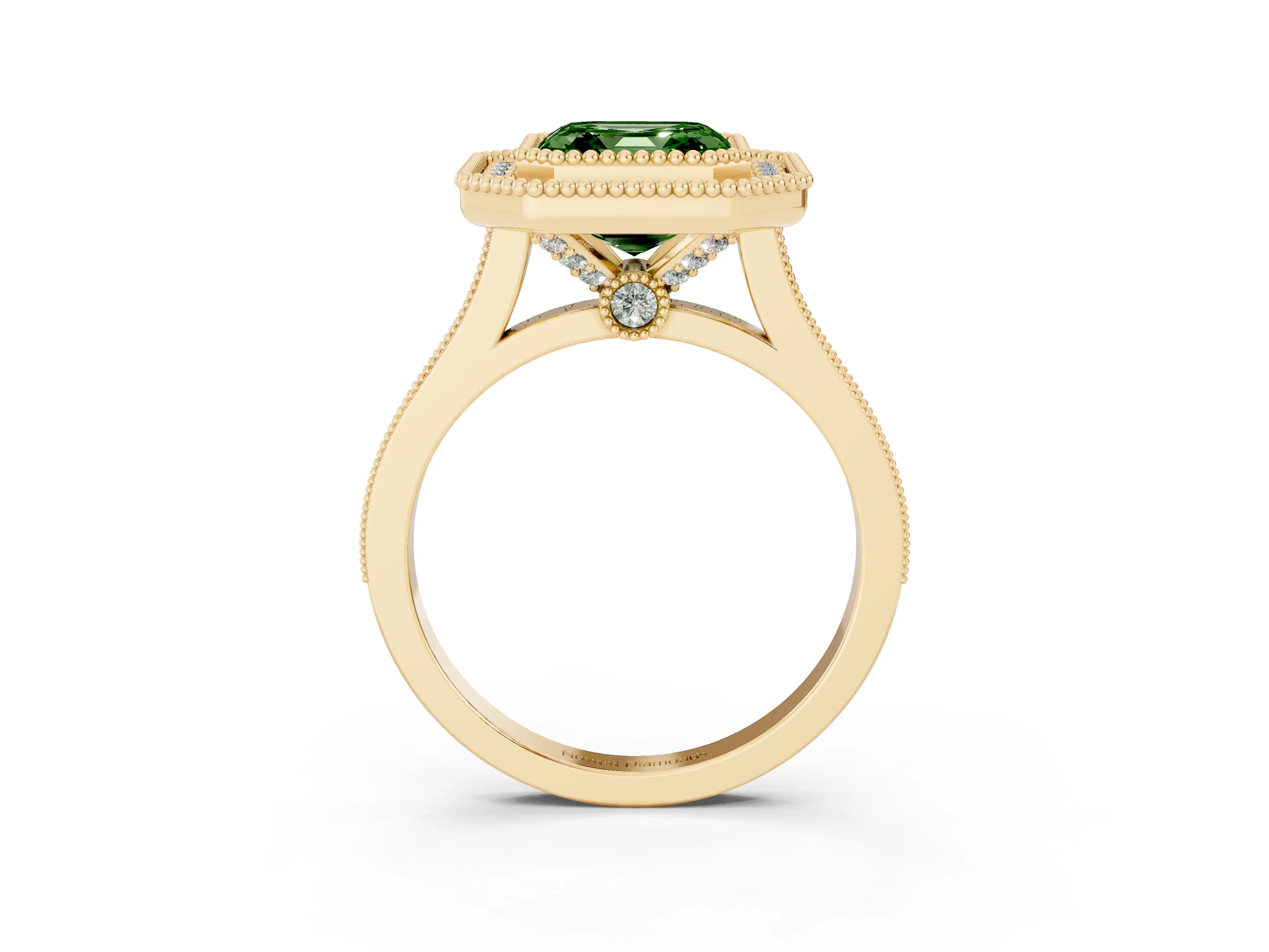 Fancy Green Asscher Cut Diamond Halo Ring Set in Yellow gold with Milgrain Frame and Pavé Band