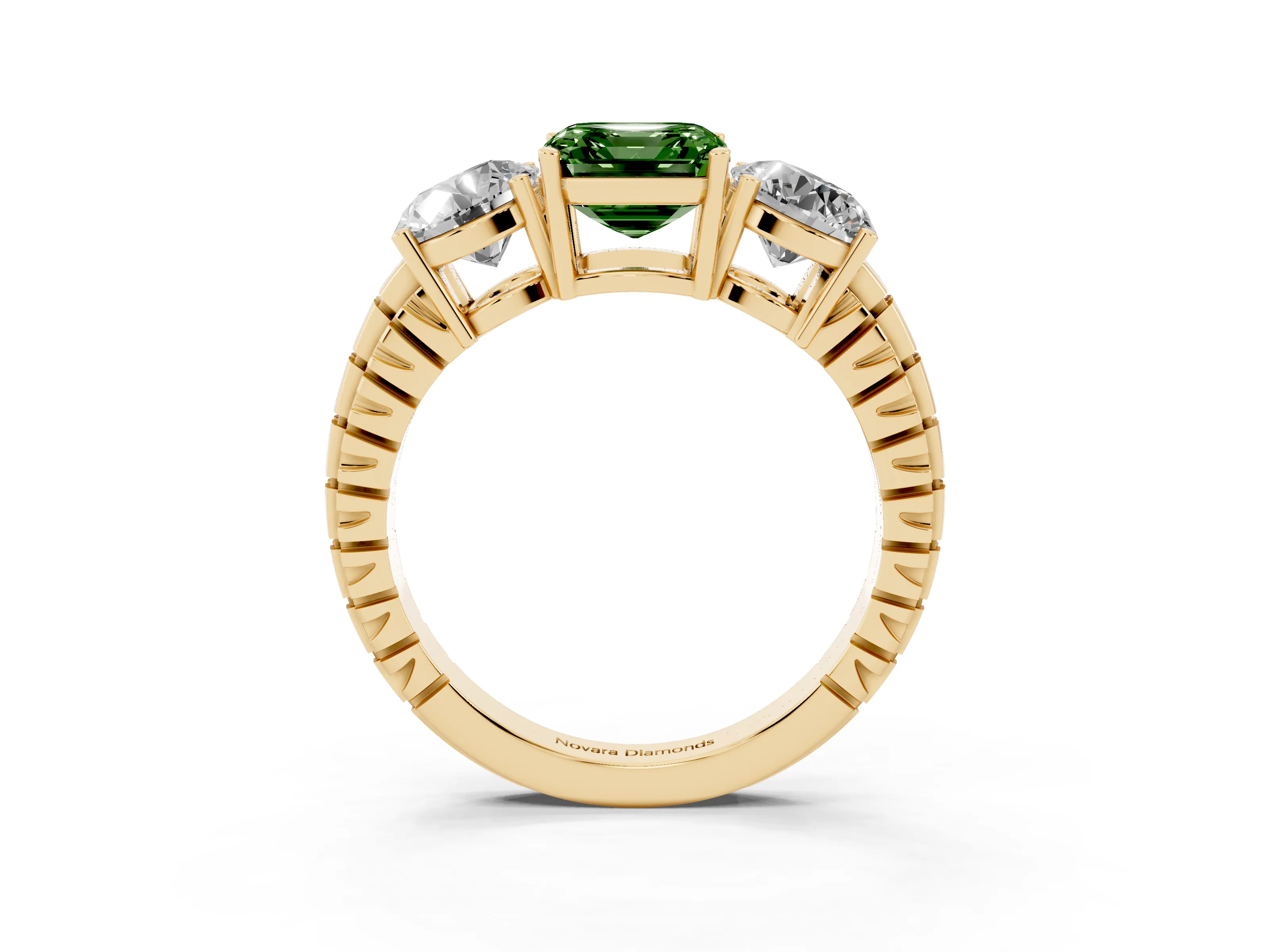 Fancy Green Asscher Cut Diamond Three-Stone Ring Set in Yellow gold with Channel-Set Accent Band