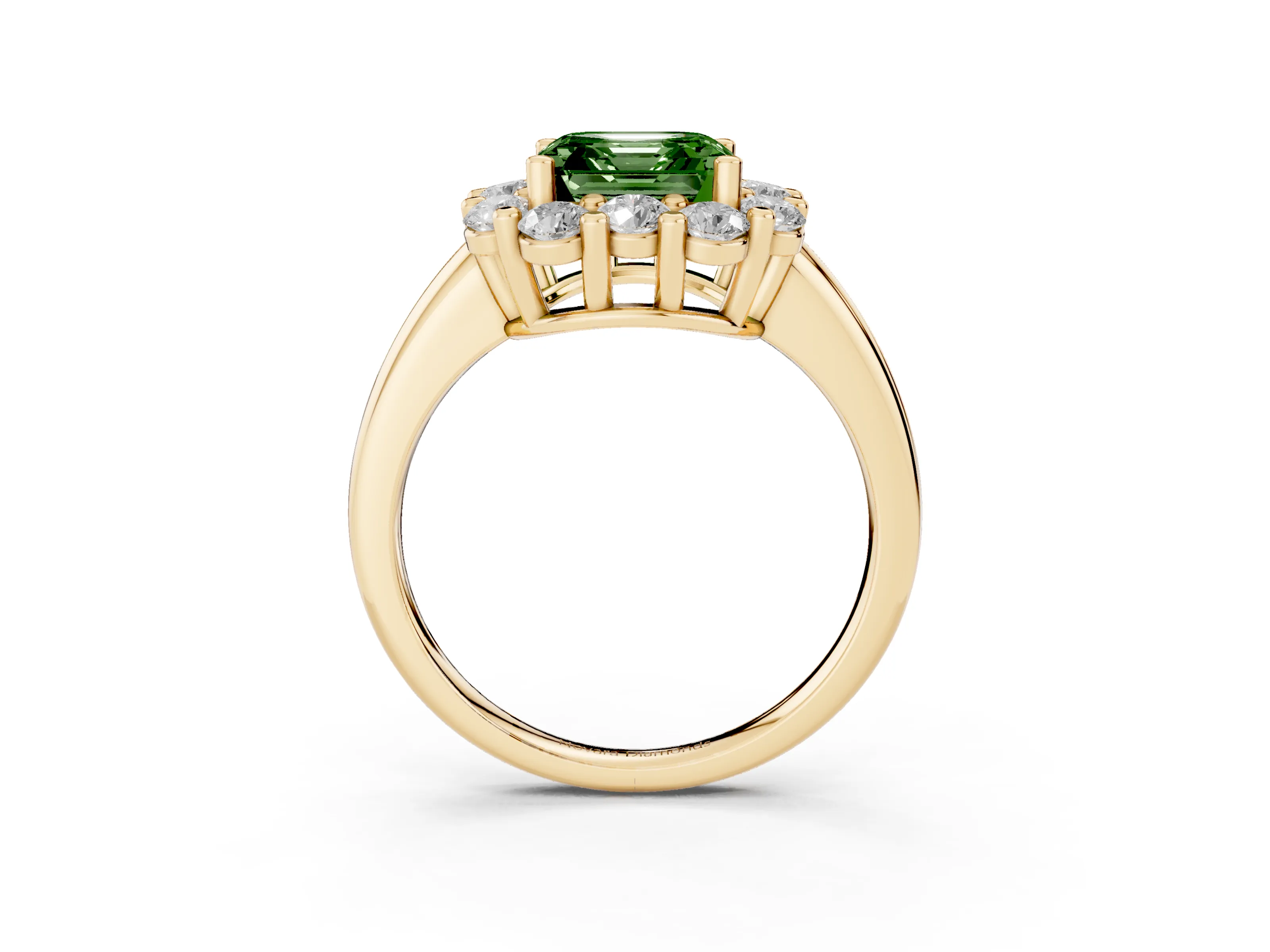Fancy Green Asscher Cut Diamond Halo Cluster Engagement Ring Set in Yellow gold with Polished Band and Prong Setting
