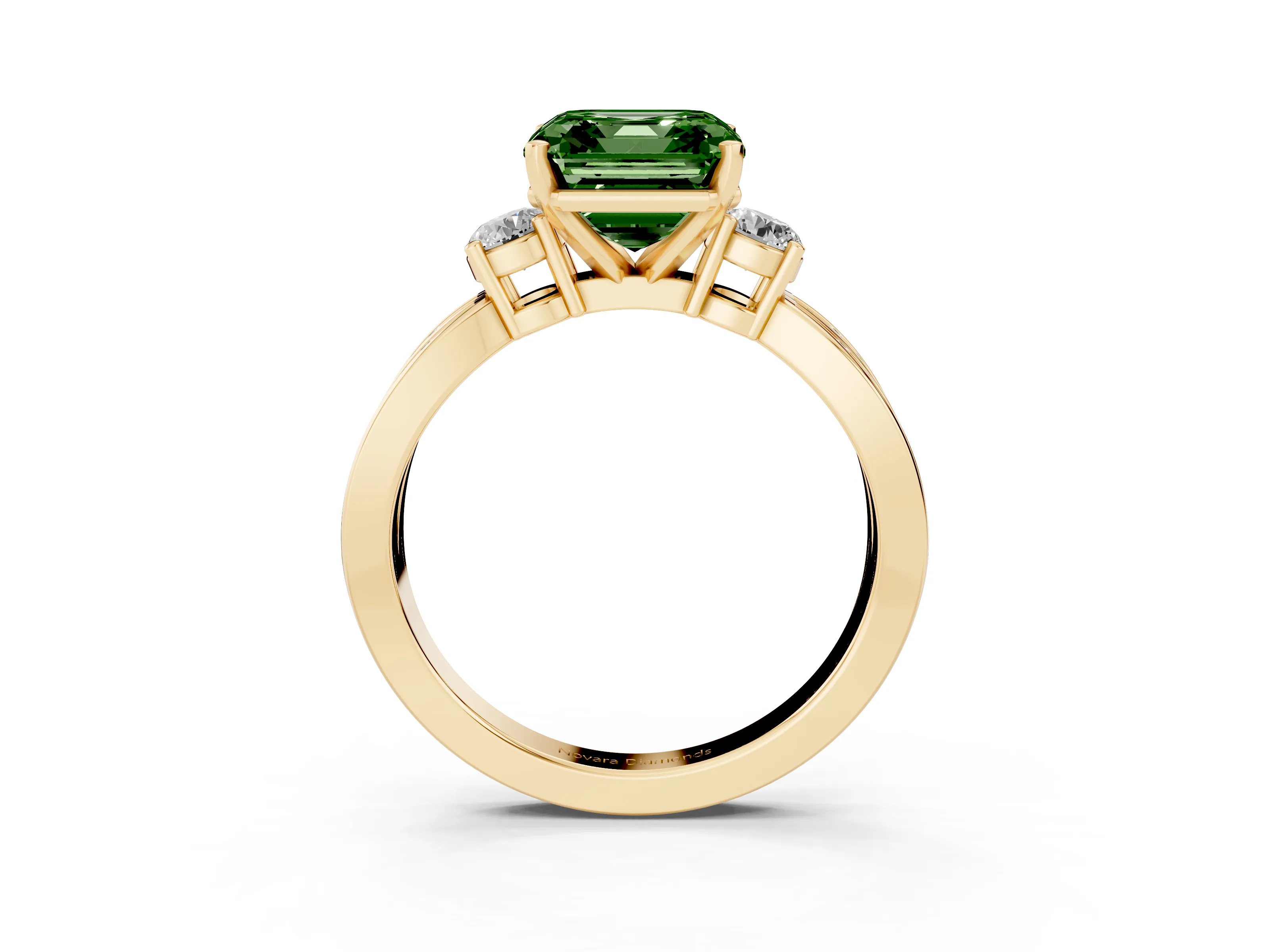 Fancy Green Three-Stone Asscher Cut Diamond Twist Band Ring Set in Yellow gold with Pavé Accents and Prong Setting