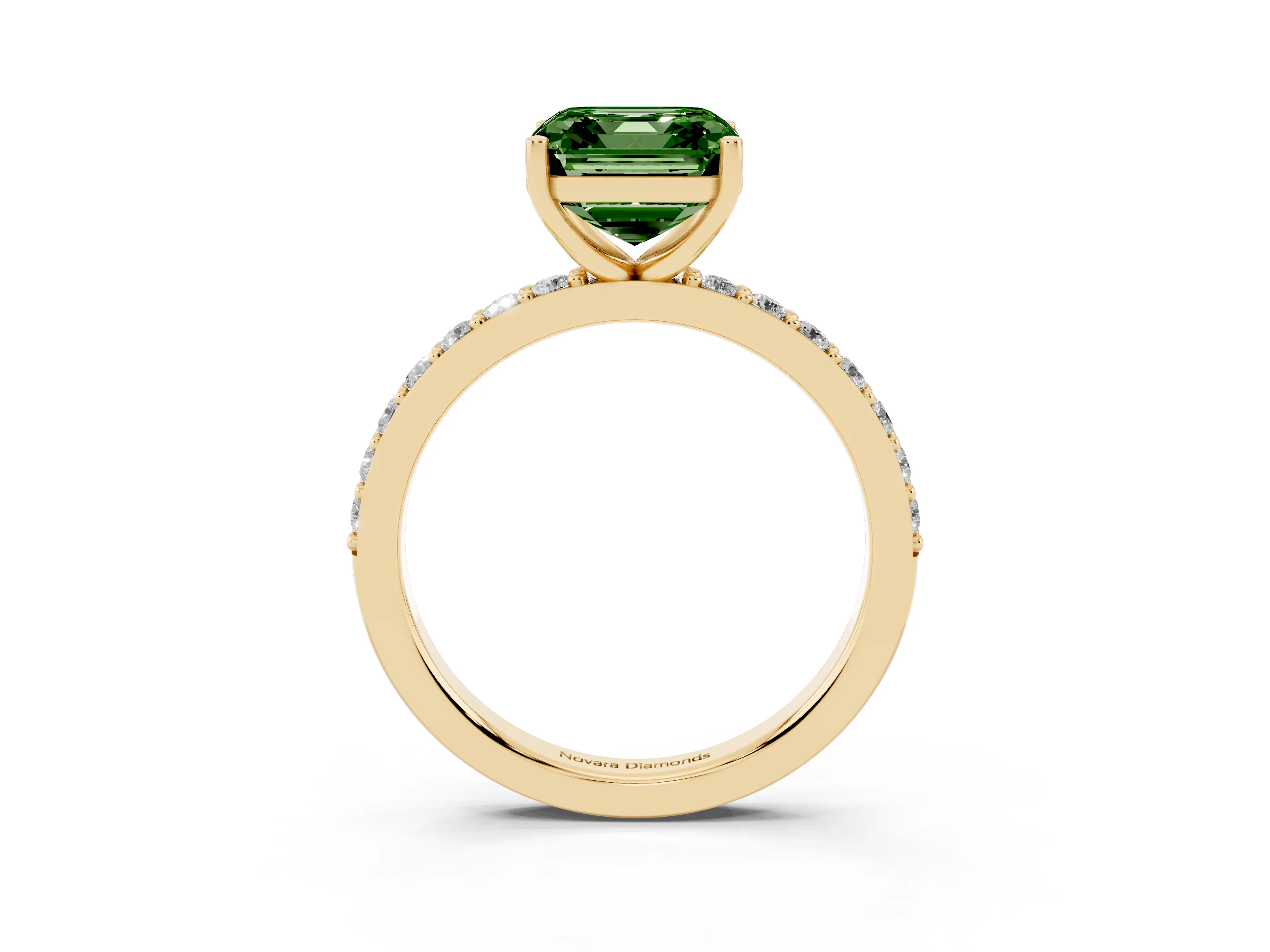Fancy Green Asscher Cut Diamond Solitaire Set in Yellow gold with Round Pavé Band and Prong Setting