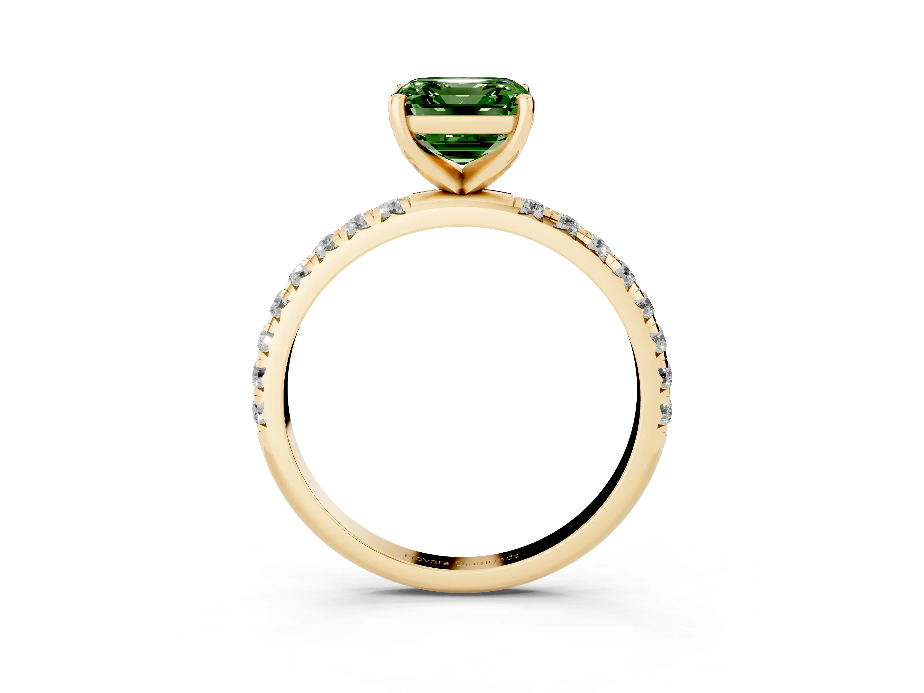 Fancy Green Asscher Cut Diamond Solitaire Ring Set in Yellow gold with Micro Pavé Band and Prong Setting