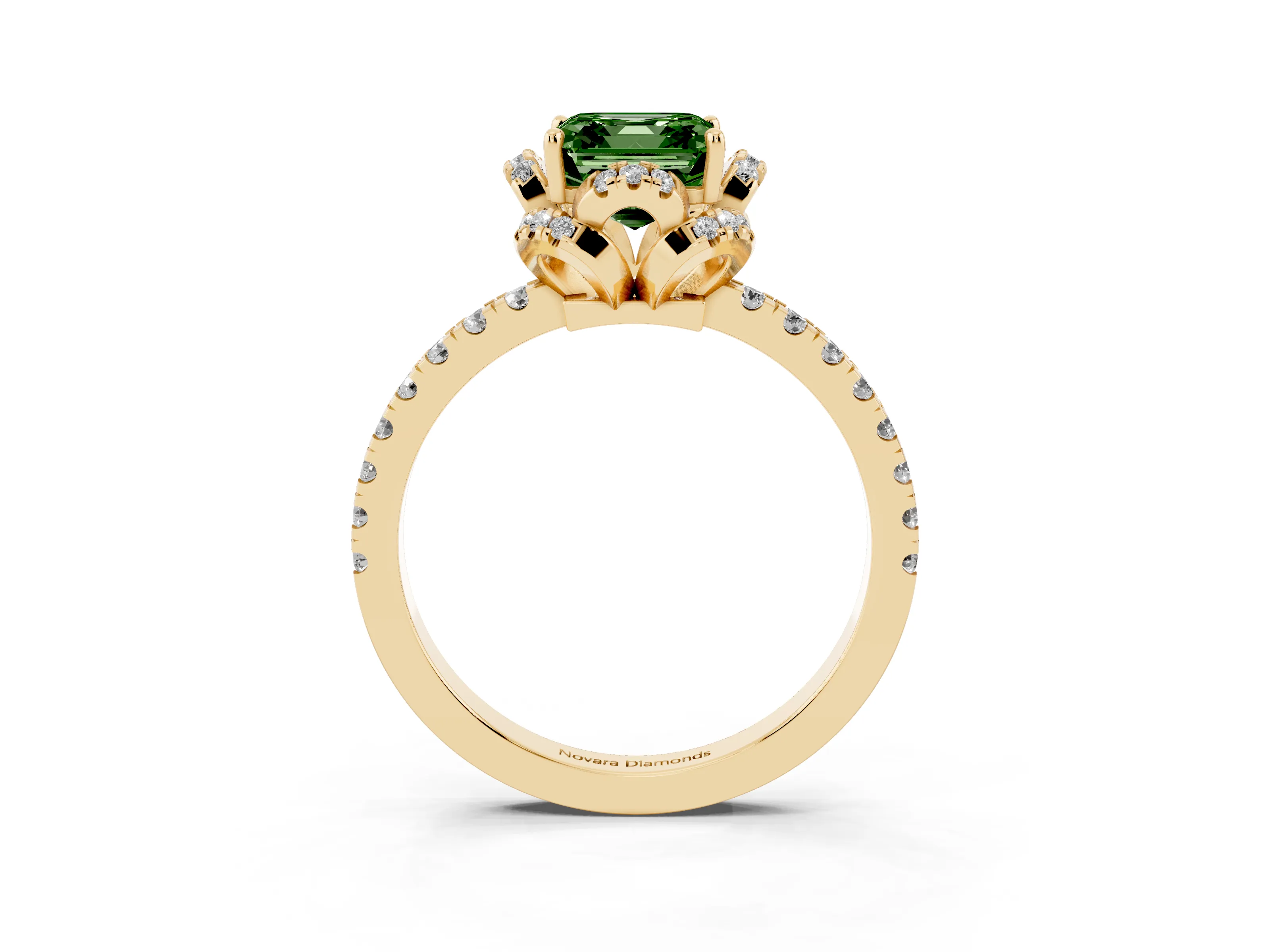 Fancy Green Asscher Cut Diamond Halo Pavé Ring Set in Yellow gold with Prong-Held Center Stone