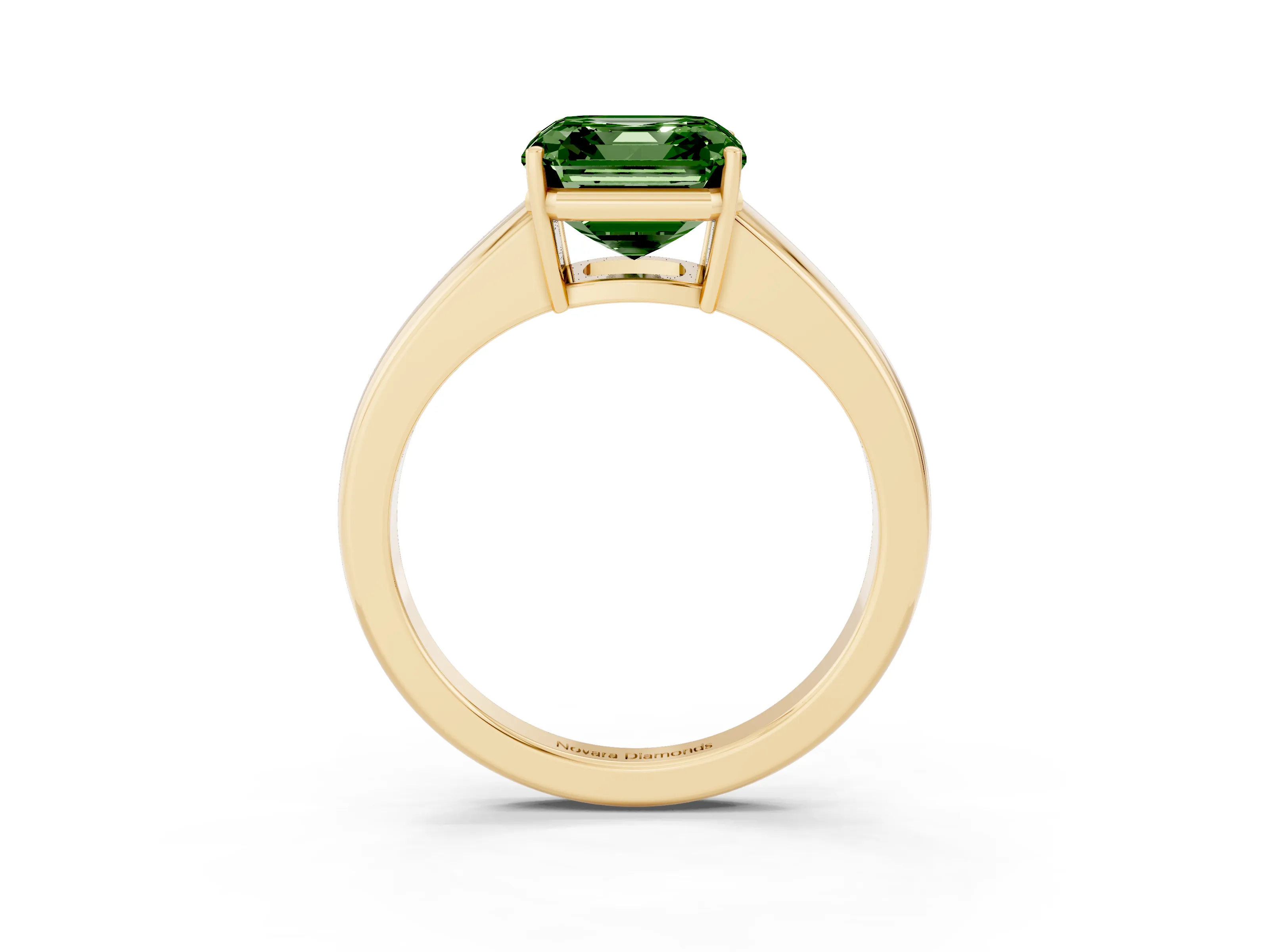 Fancy Green Asscher Cut Diamond Solitaire Ring Set in Yellow gold with Tapered Band and Prong Setting