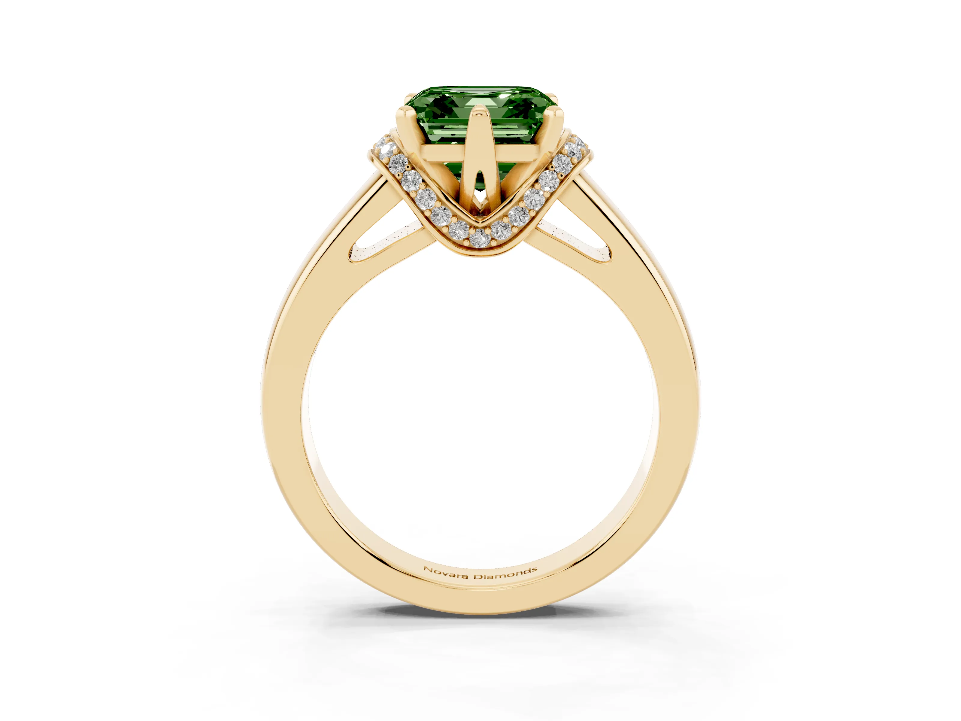 Fancy Green Asscher Cut Diamond Pavé Band Solitaire Ring Set in Yellow gold with Prong Setting