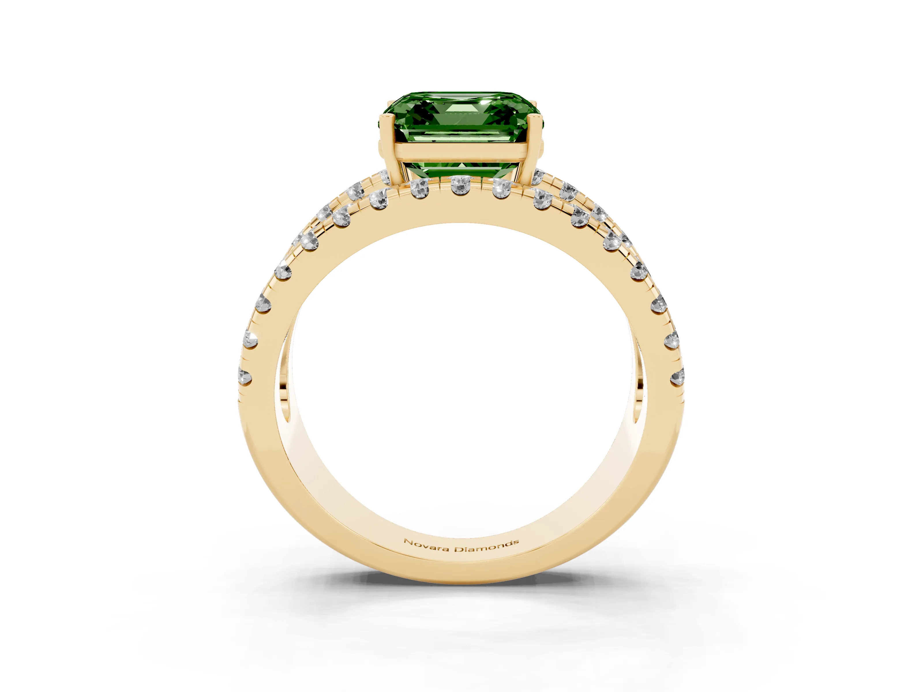 Fancy Green Asscher Cut Diamond Split Shank Pavé Solitaire Ring Set in Yellow gold with Open Shank Design