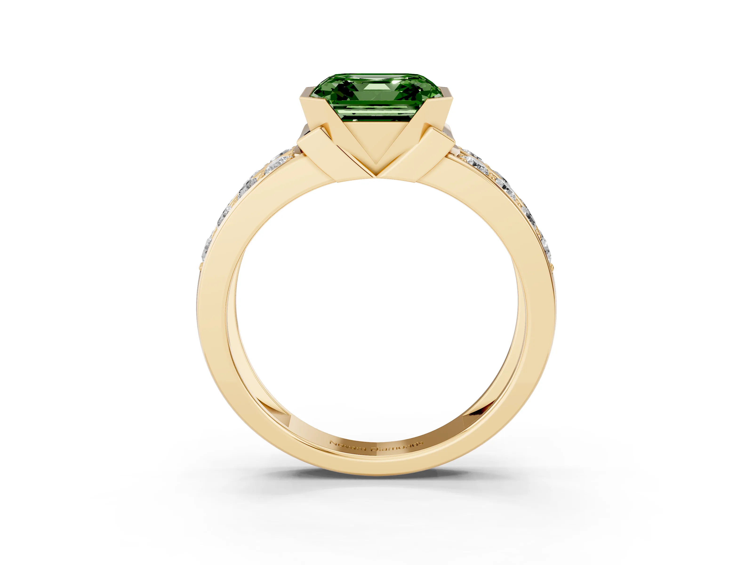 Fancy Green Asscher Cut Diamond Wide Channel Set Band Ring Set in Yellow gold with Bezel Setting