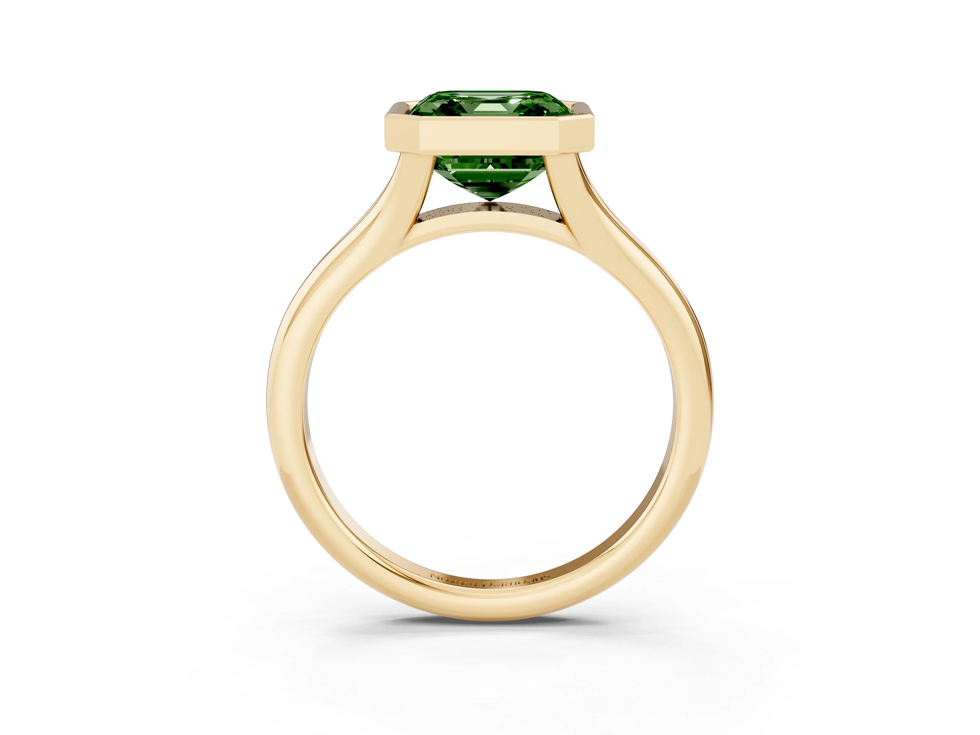 Fancy Green Bezel Set Asscher Cut Diamond Solitaire Ring Set in Yellow gold with Smooth Band