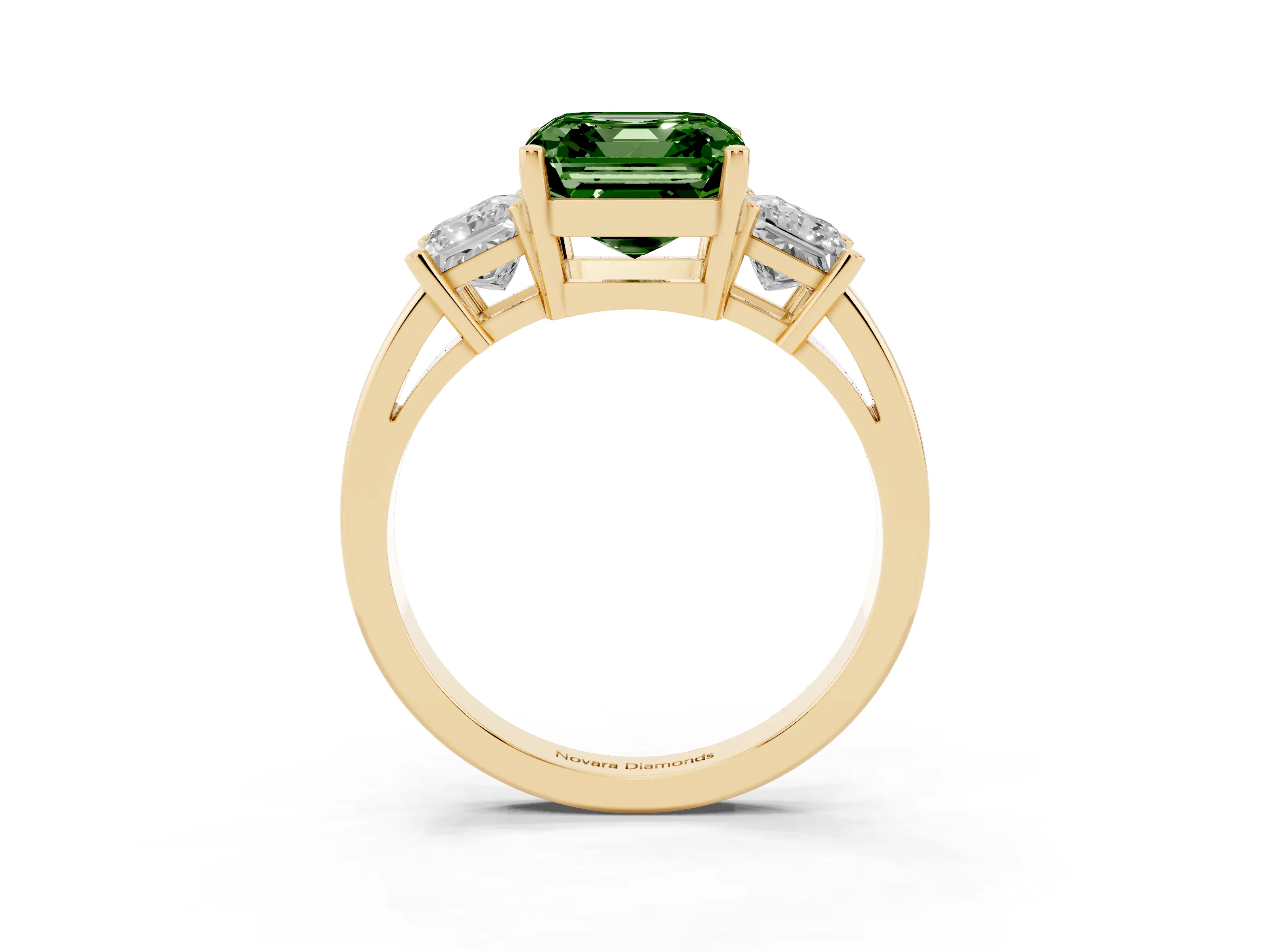 Fancy Green Three-Stone Asscher Cut Diamond Solitaire Ring Set in Yellow gold with Prong Setting
