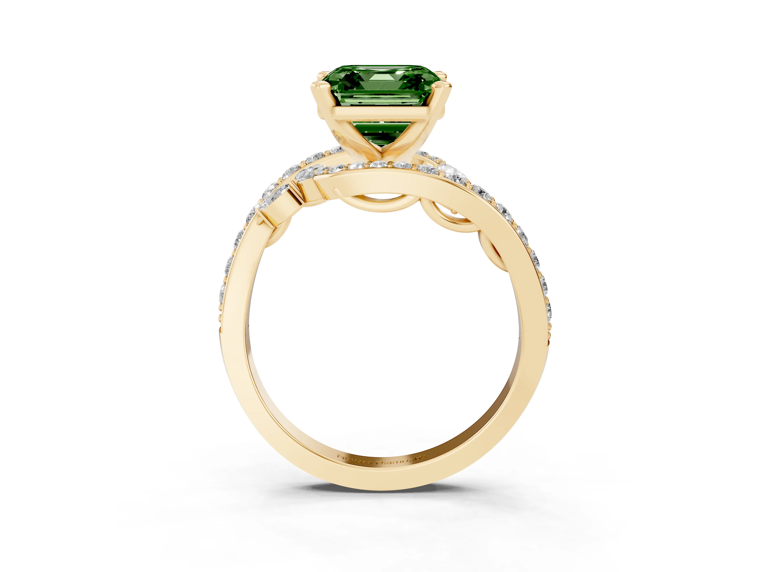 Fancy Green Asscher Cut Diamond Solitaire Ring Set in Yellow gold with Pavé Twist Band and Secure Prong Setting