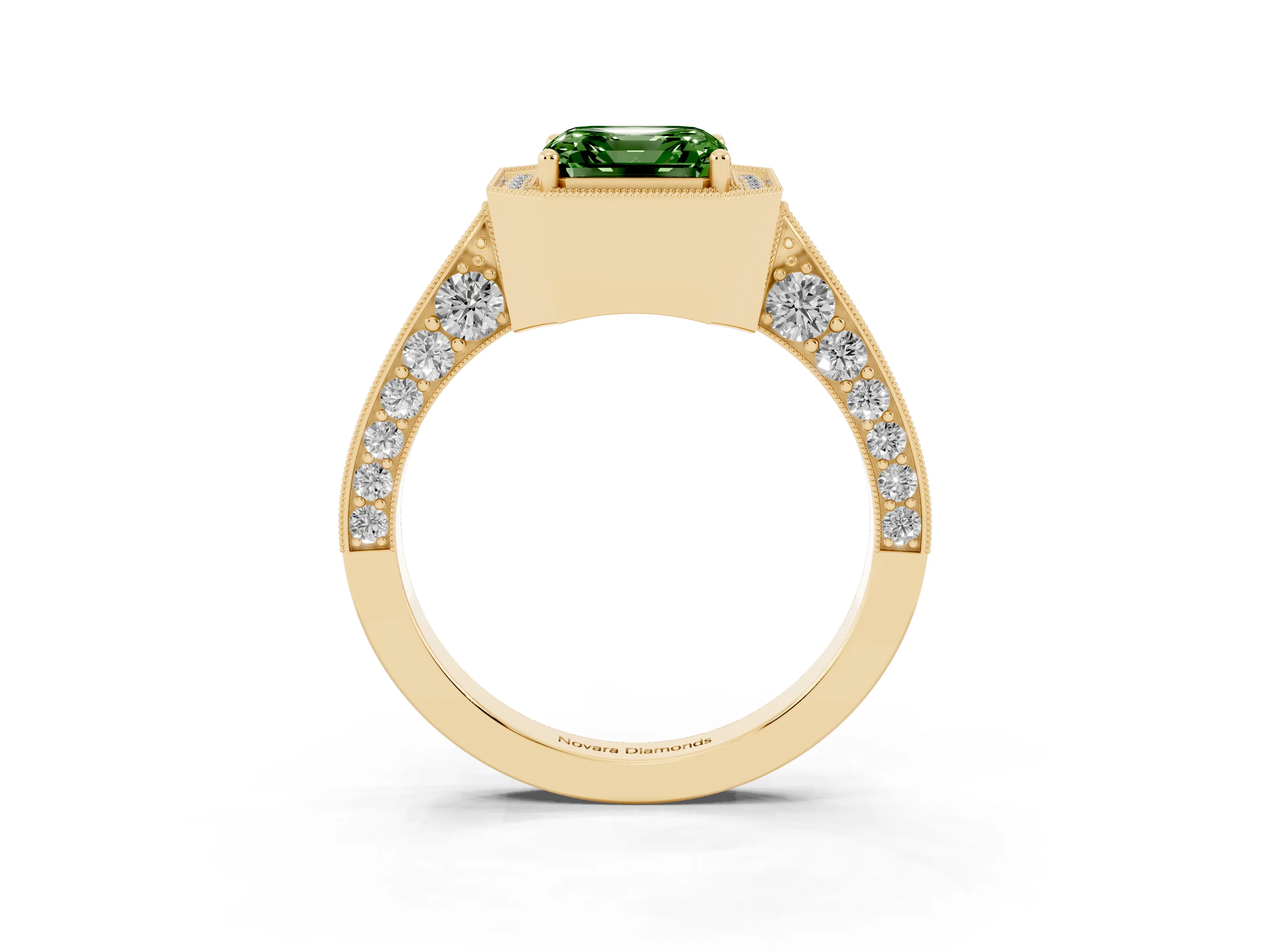 Fancy Green Asscher Cut Diamond Halo Engagement Ring Set in Yellow gold with Accent Split Shank Band