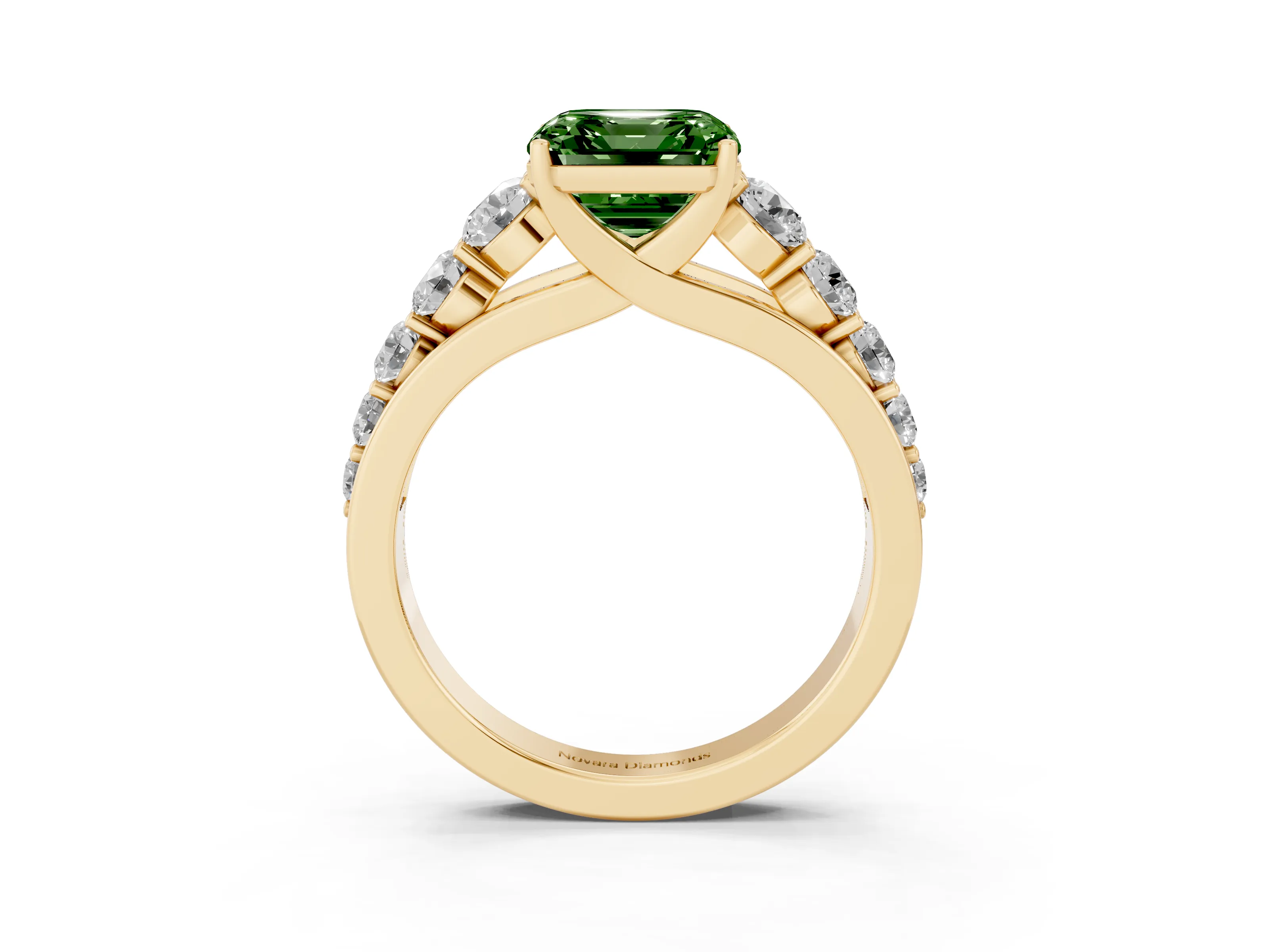 Fancy Green Asscher Cut Diamond Solitaire Ring Set in Yellow gold with Pavé-Set Band and Prong Setting