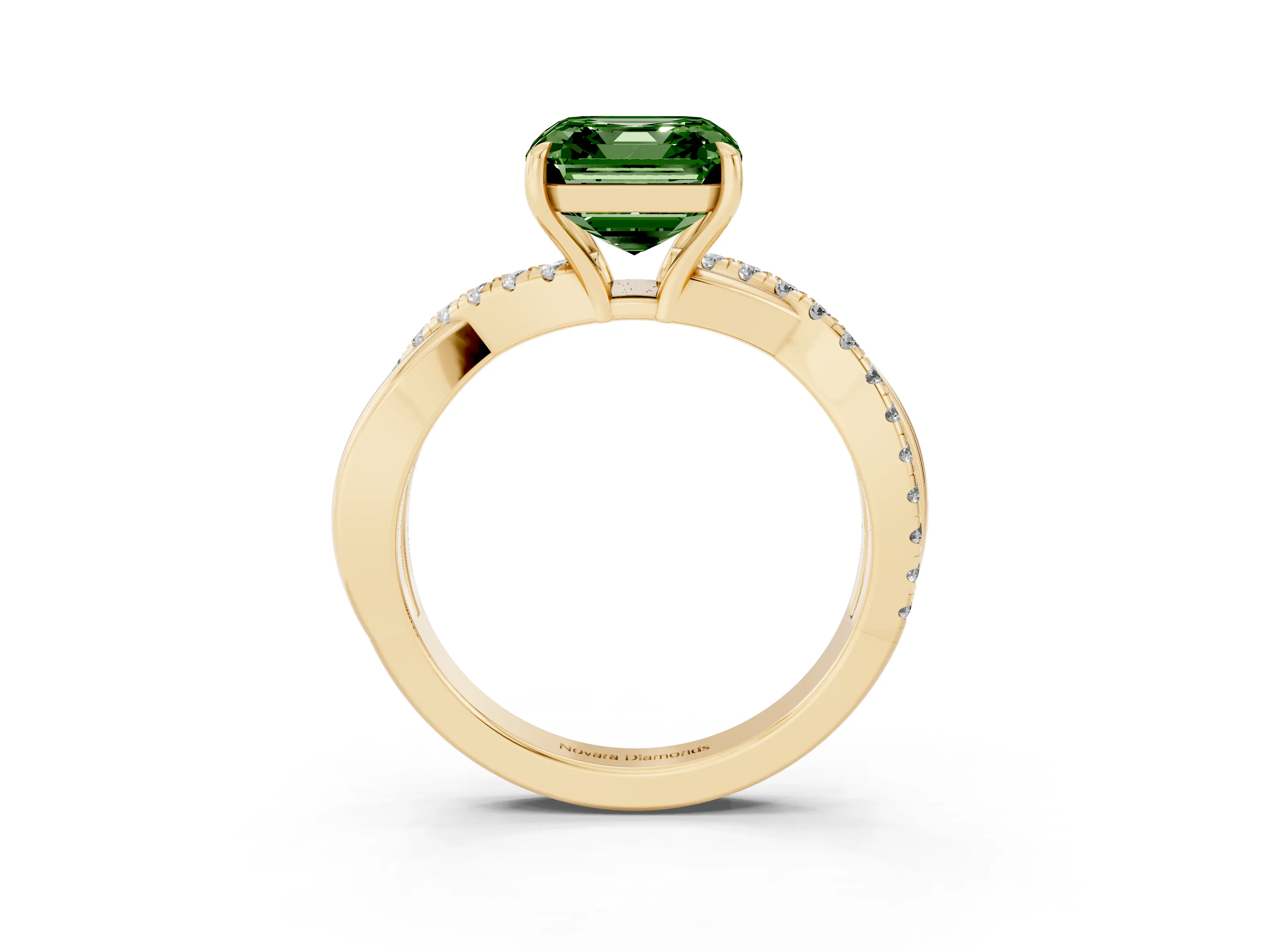 Fancy Green Asscher Cut Diamond Twisted Pavé Band Ring Set in Yellow gold with Prong Setting