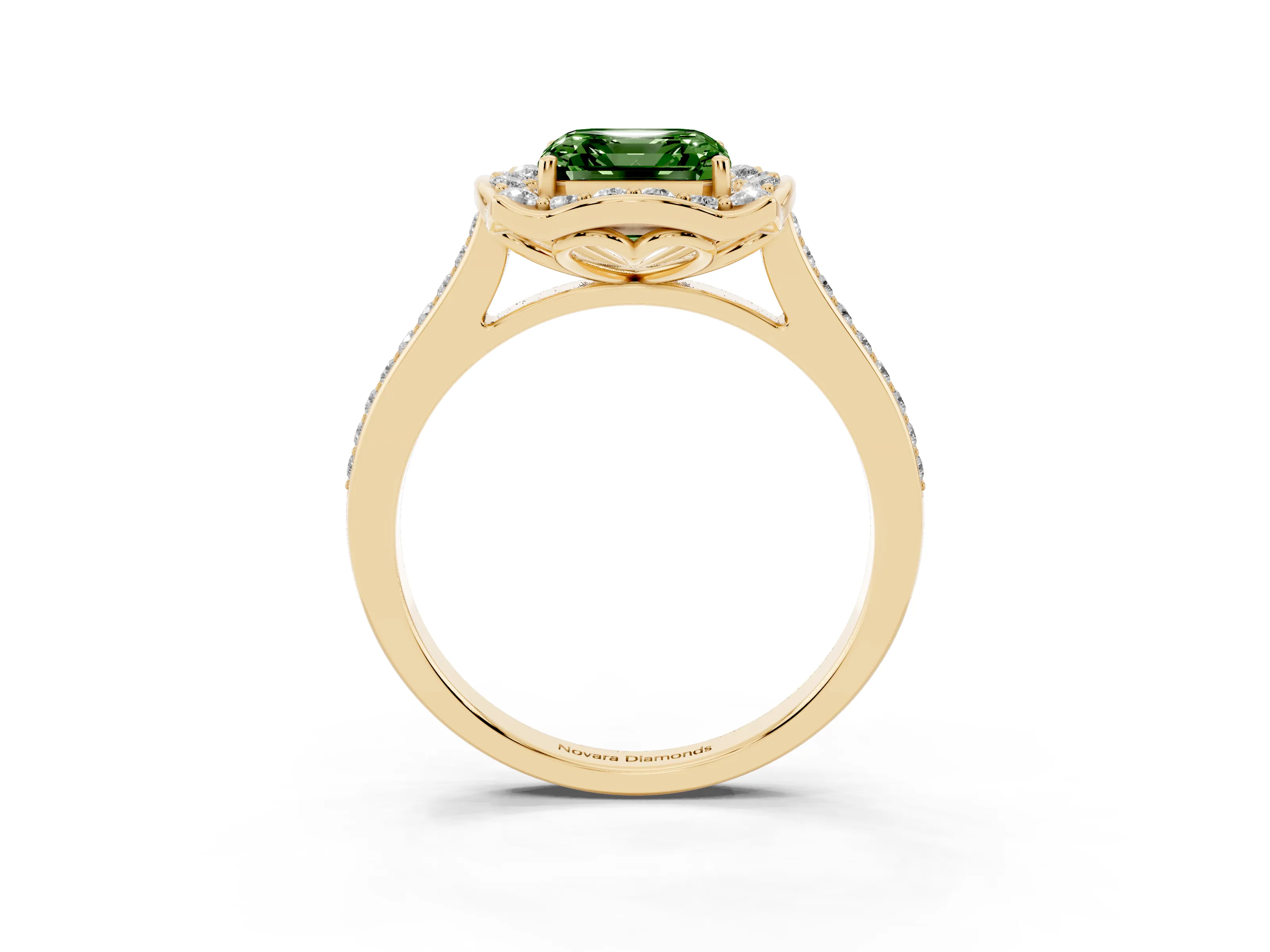 Fancy Green Asscher Cut Diamond Halo Ring Set in Yellow gold with Pavé-Lined Shoulders and Prong Setting