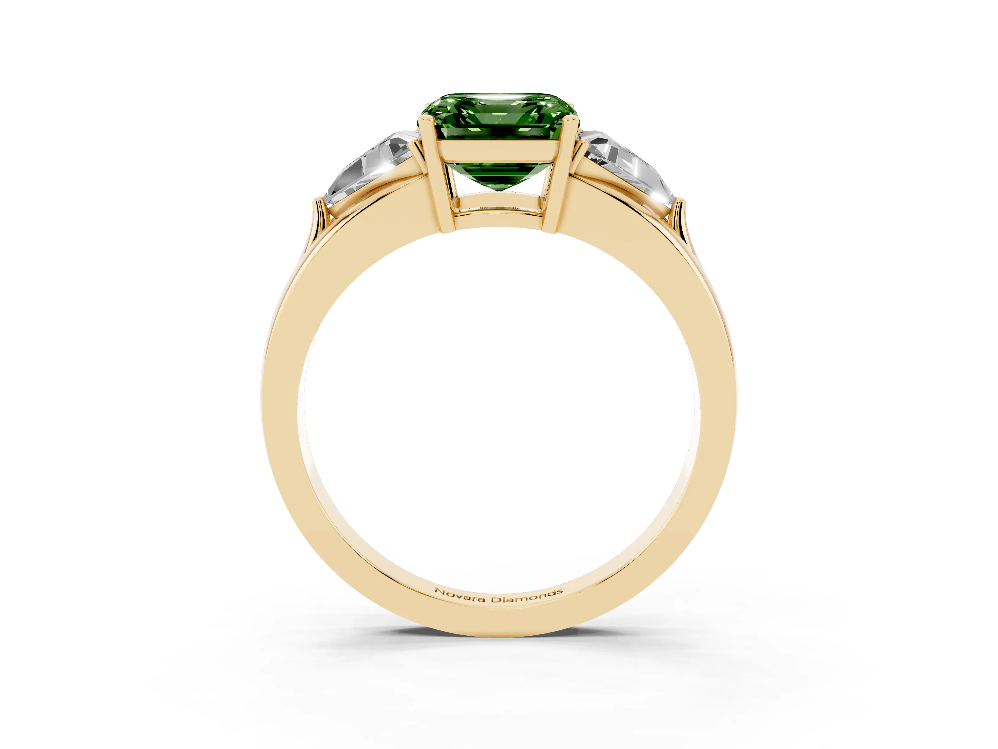 Fancy Green Asscher Cut Diamond Three-Stone Ring Set in Yellow gold with Trillion Side Stones and Split Shank