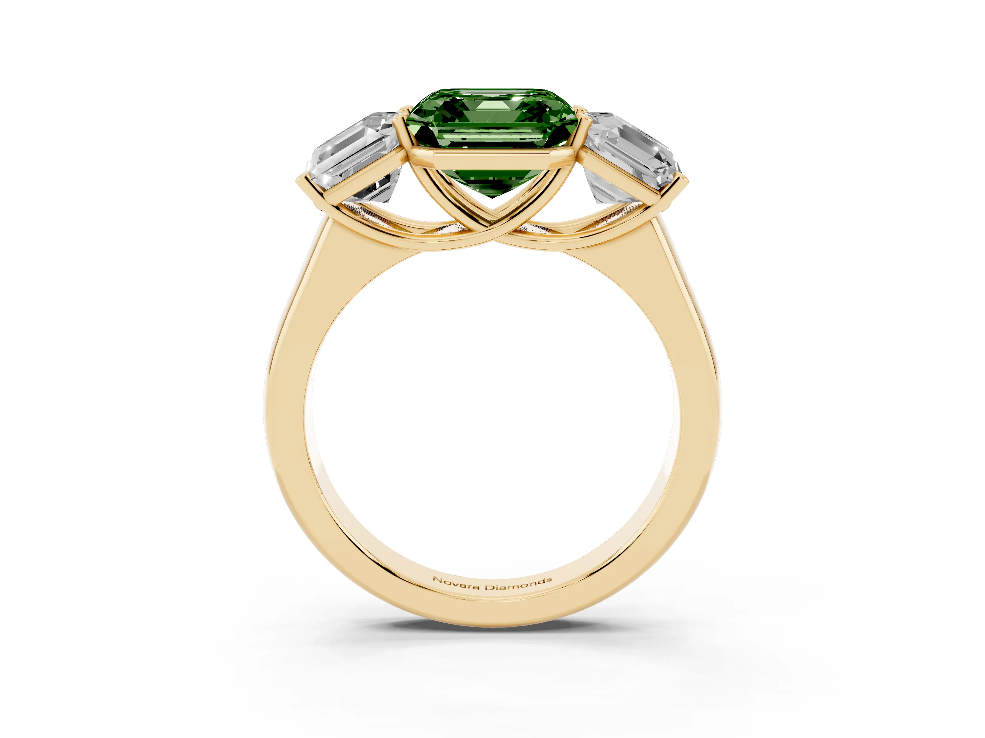 Fancy Green Asscher Cut Diamond Three-Stone Ring Set in Yellow gold with Plain Polished Band