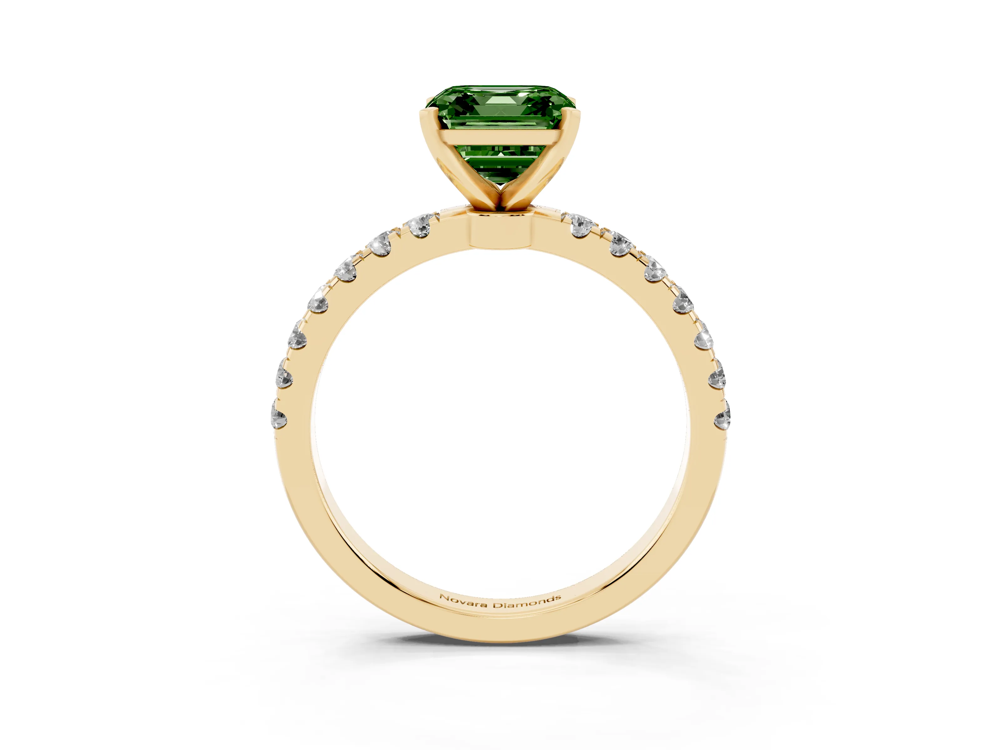 Fancy Green Asscher Cut Diamond Solitaire Ring Set in Yellow gold with Pavé Accents and Prong Setting