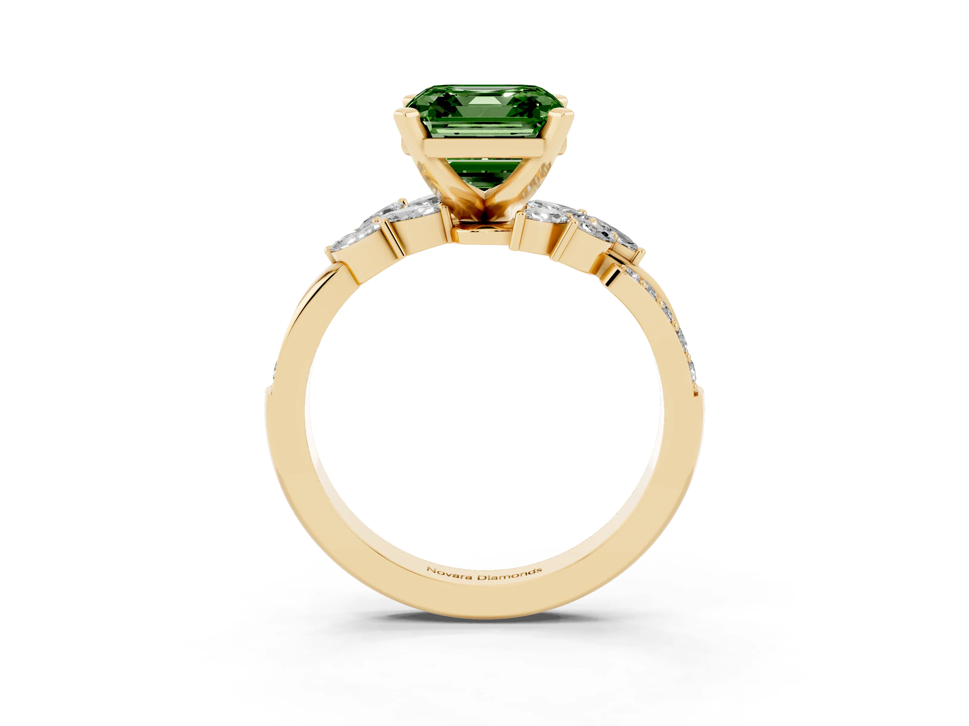Fancy Green Asscher Cut Diamond Solitaire Ring Set in Yellow gold with Marquise Twist Band and Prong Setting