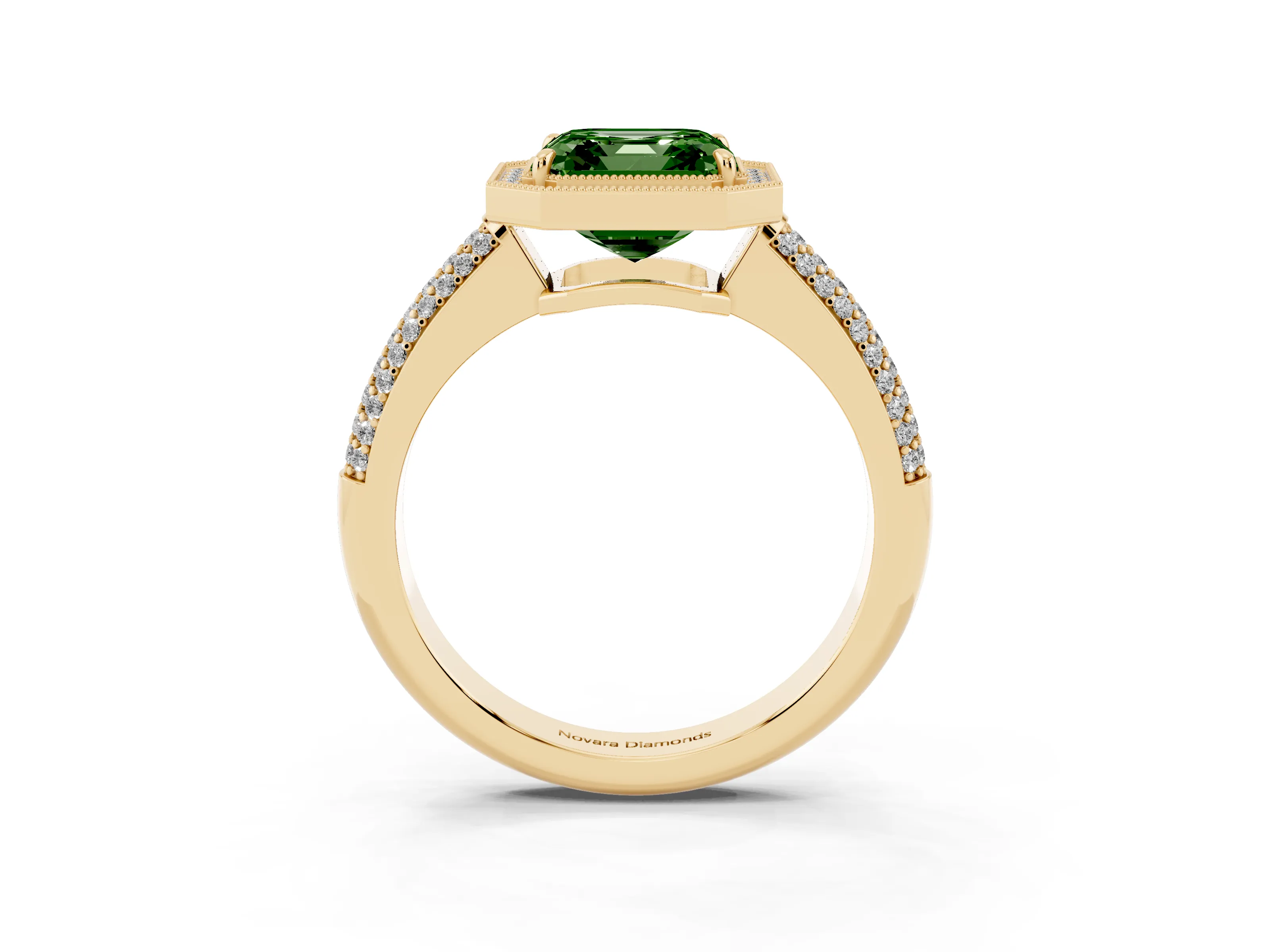 Fancy Green Asscher Cut Diamond Halo Pavé Band Set in Yellow gold with Prong Setting