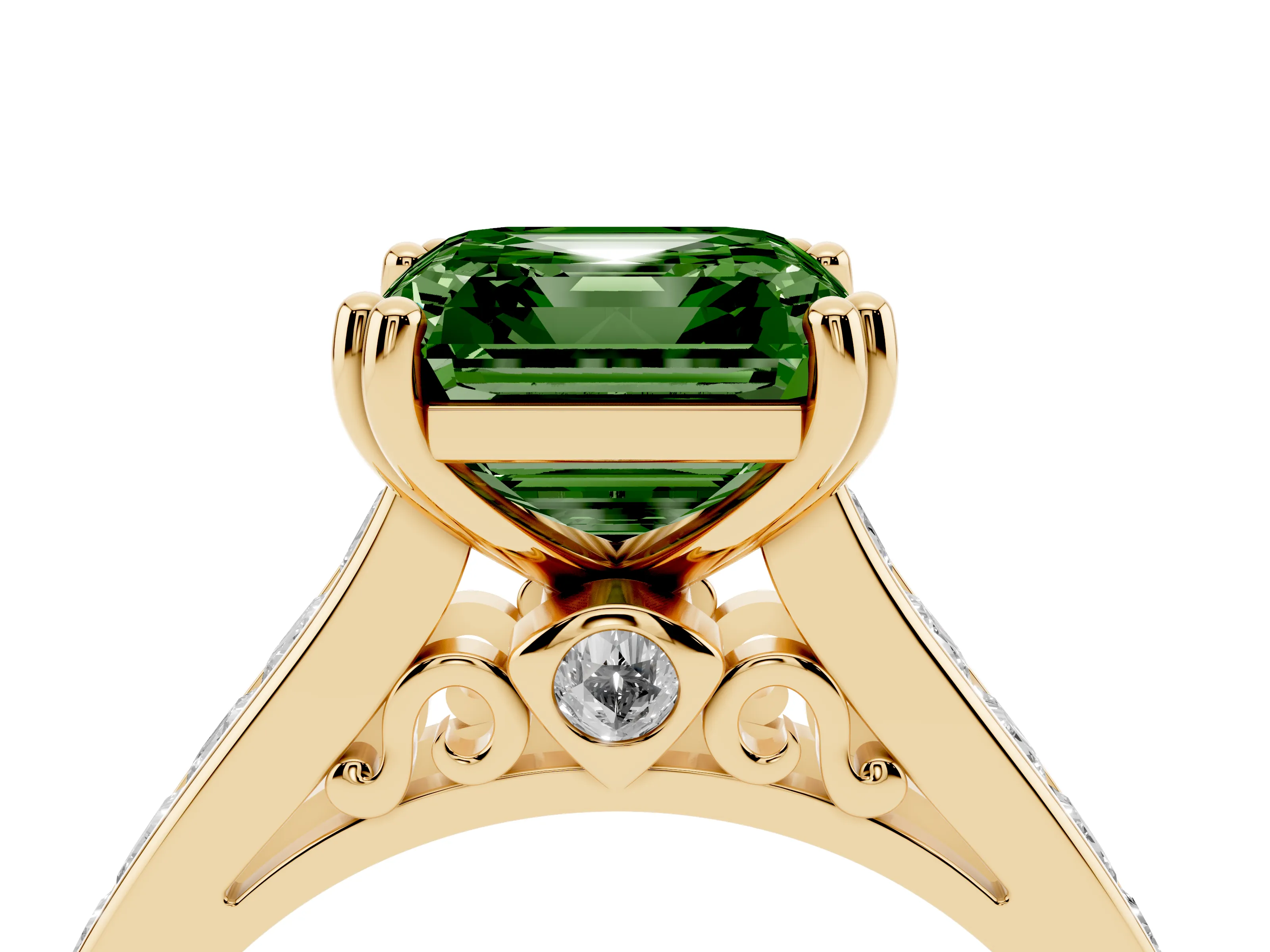 Fancy Green Asscher Cut Diamond Channel Set Solitaire Engagement Ring Set in Yellow gold with Prong Setting