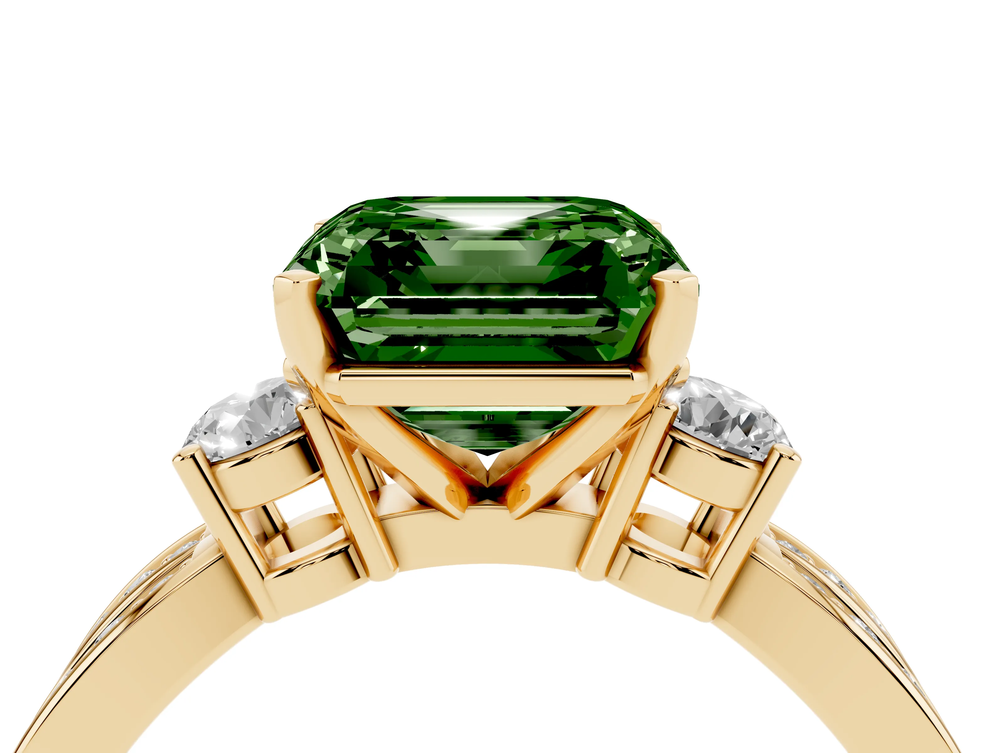 Fancy Green Three-Stone Asscher Cut Diamond Twist Band Ring Set in Yellow gold with Pavé Accents and Prong Setting