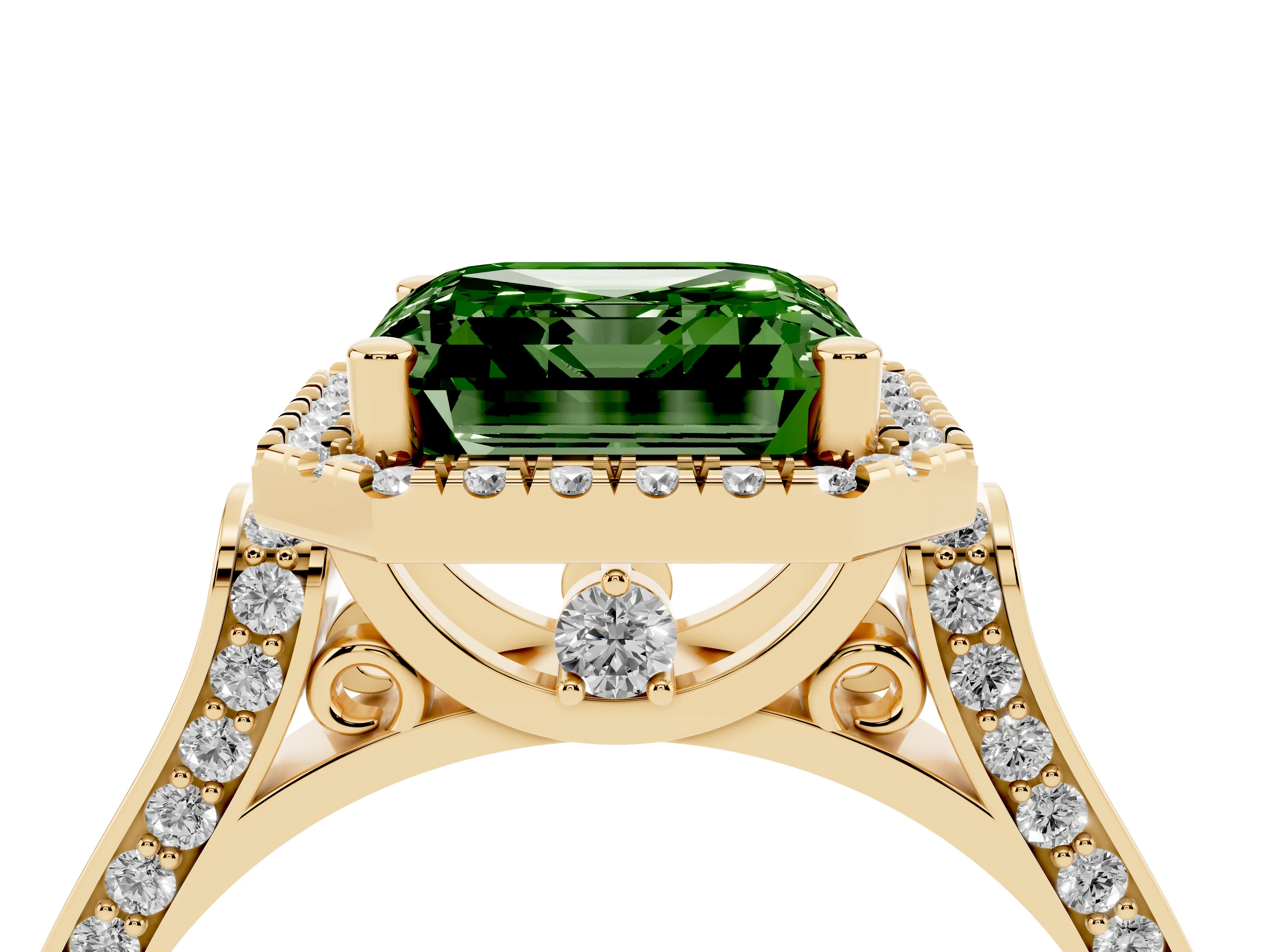 Fancy Green Asscher Cut Diamond Halo Ring Set in Yellow gold with Pavé-Lined Split Shank Band