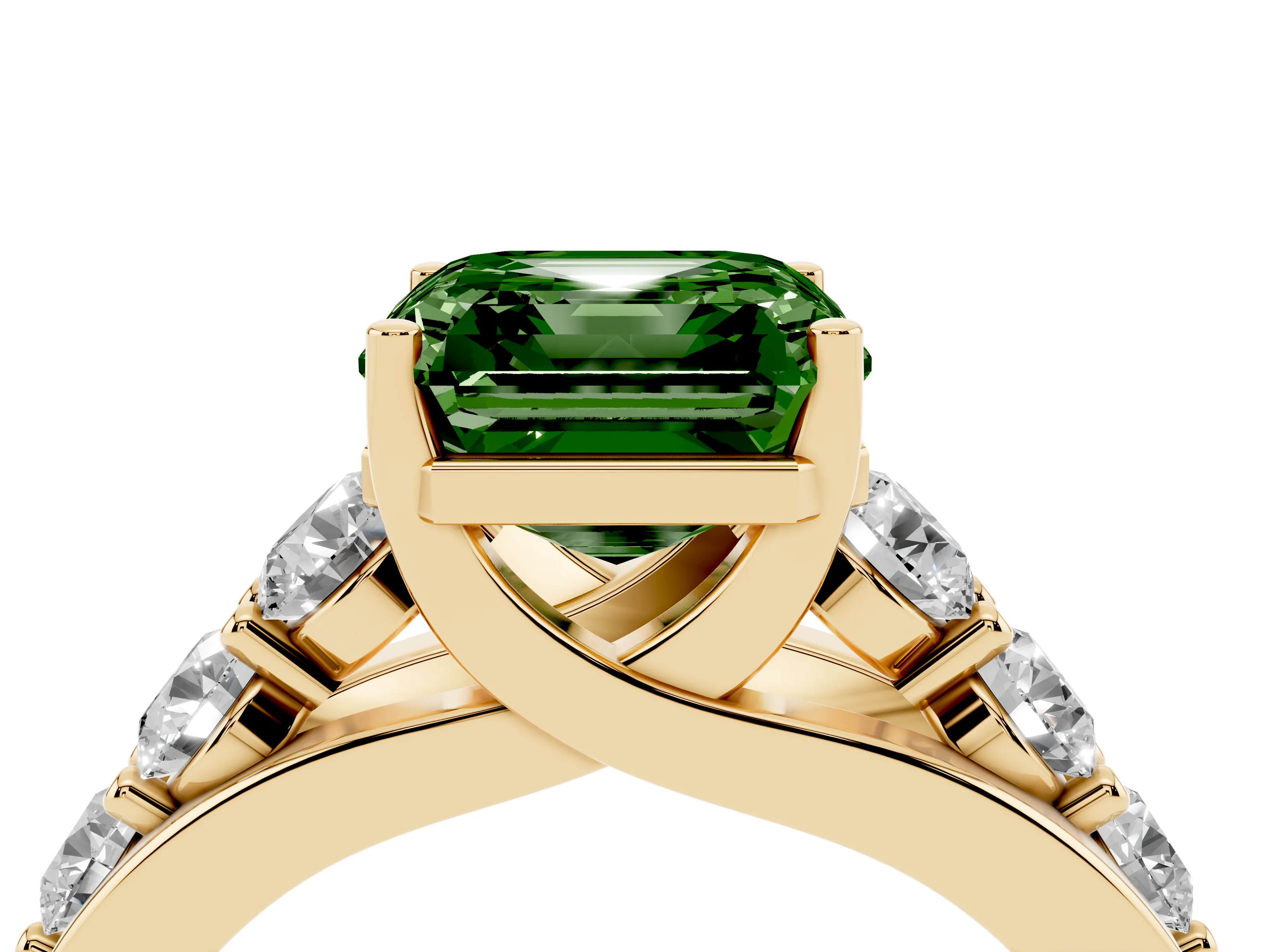 Fancy Green Asscher Cut Diamond Pavé Engagement Ring Set in Yellow gold with Prong Setting