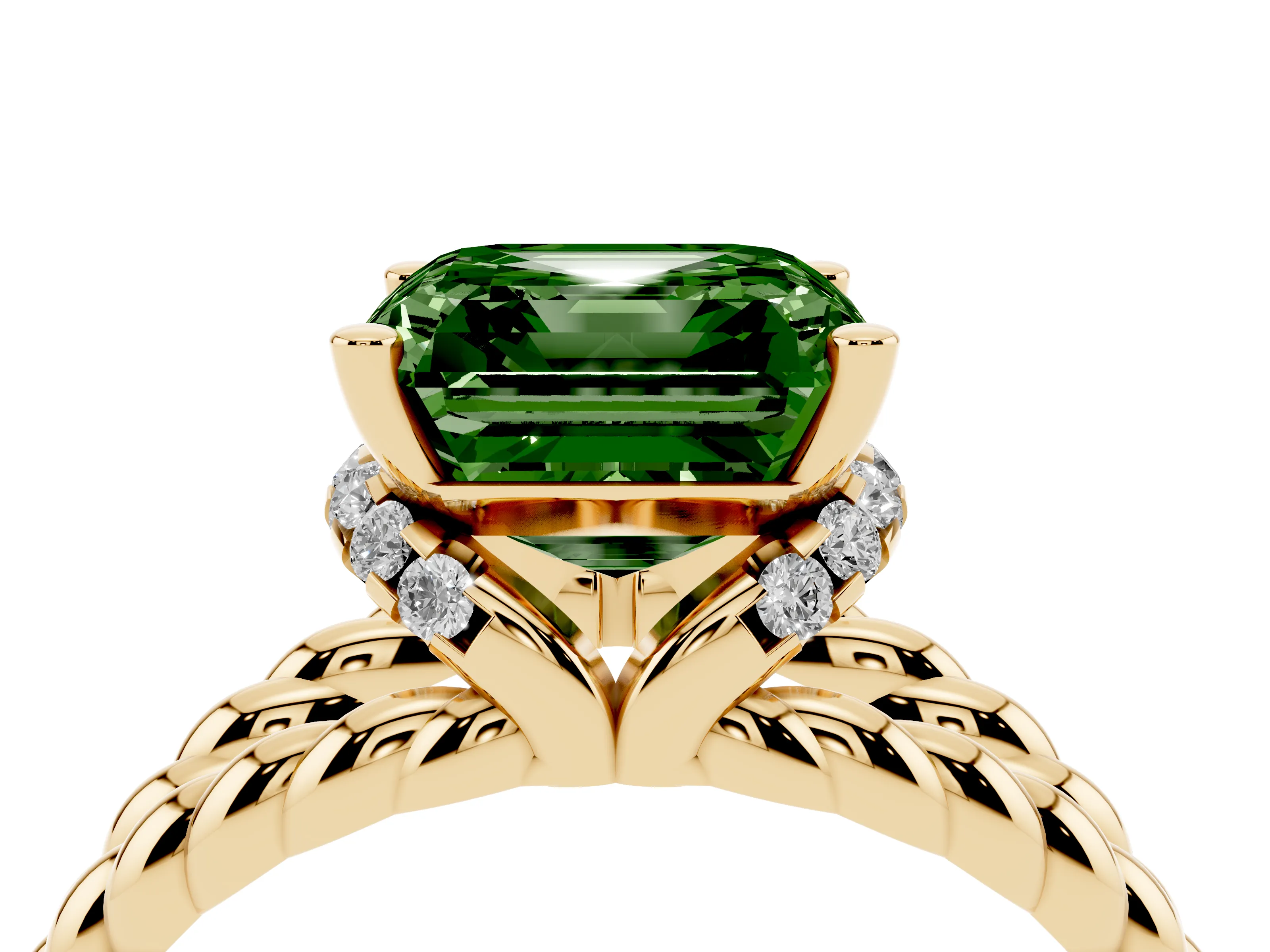 Fancy Green Asscher Cut Diamond Halo Ring Set in Yellow gold with Twisted Band and Prong Setting
