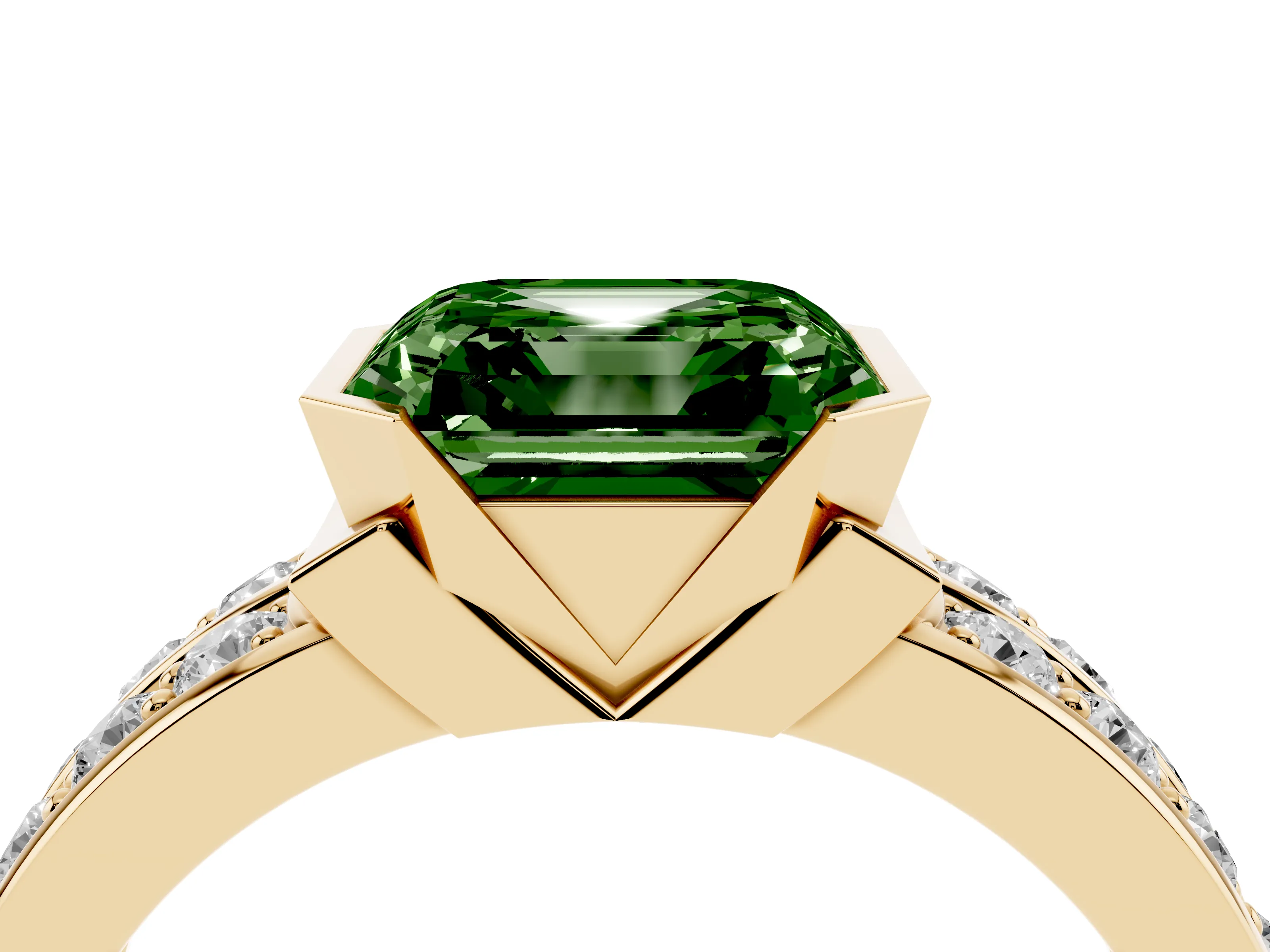 Fancy Green Asscher Cut Diamond Wide Channel Set Band Ring Set in Yellow gold with Bezel Setting