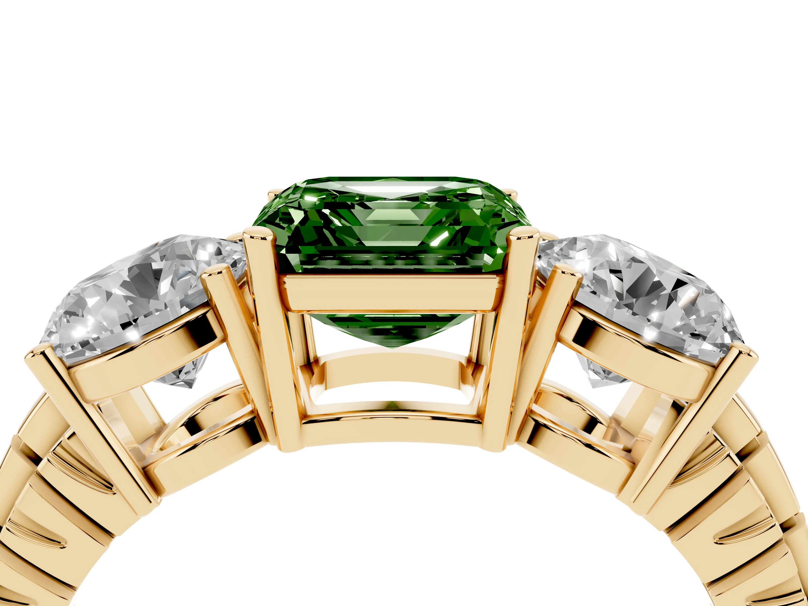 Fancy Green Asscher Cut Diamond Three-Stone Ring Set in Yellow gold with Channel-Set Accent Band