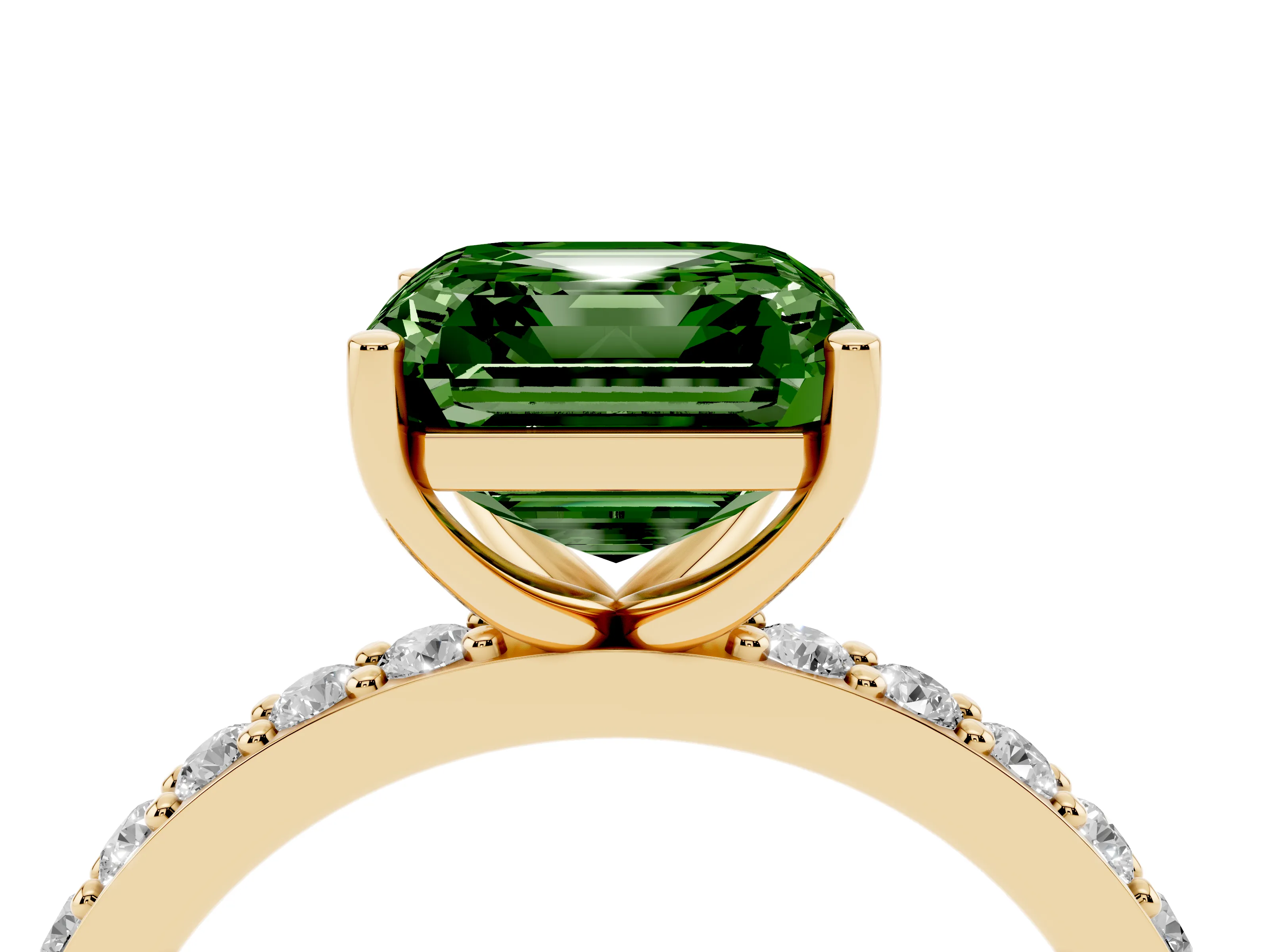Fancy Green Asscher Cut Diamond Solitaire Set in Yellow gold with Round Pavé Band and Prong Setting