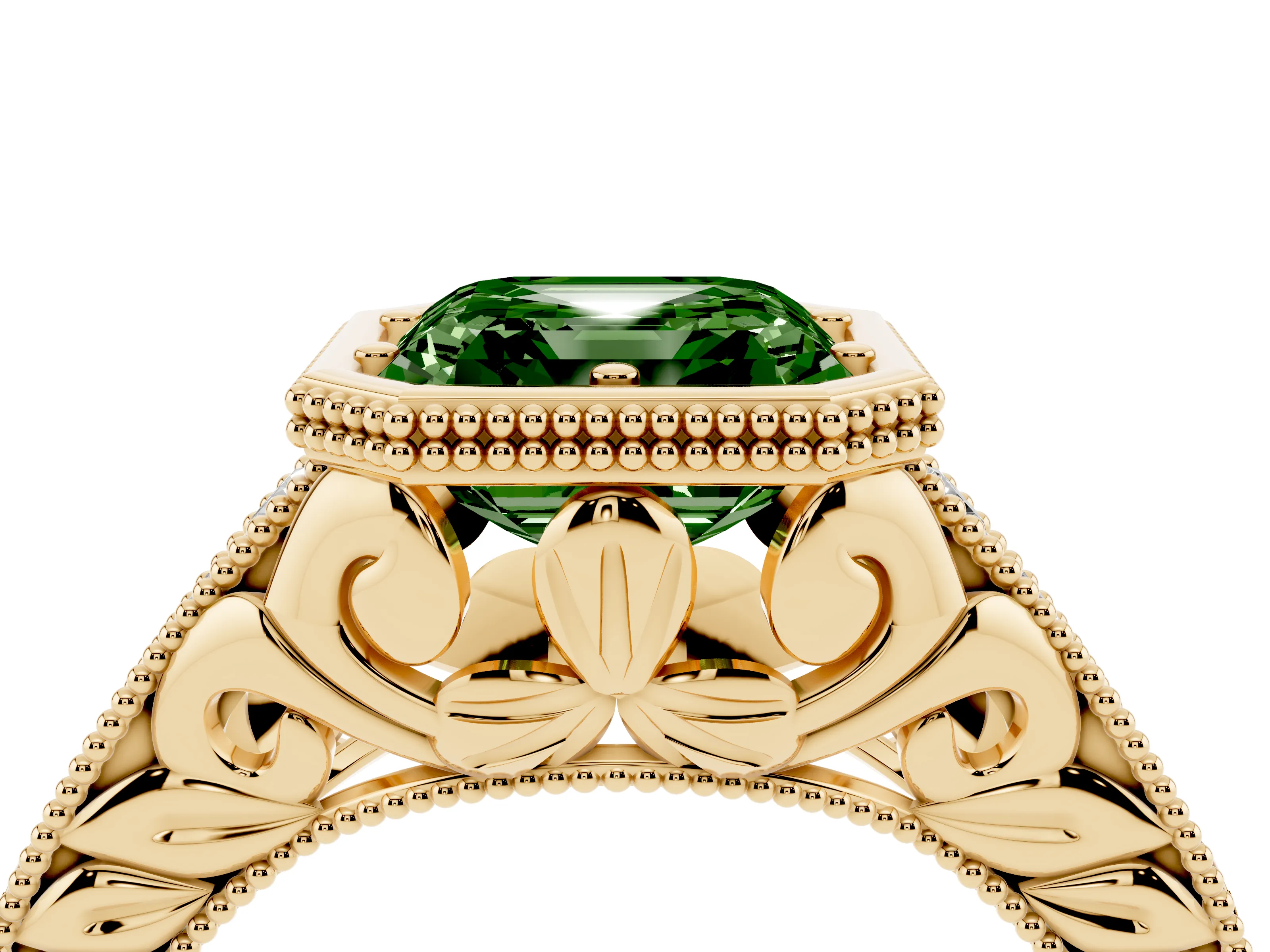 Fancy Green Bezel Set Asscher Cut Diamond Milgrain Pavé Engagement Ring Set in Yellow gold