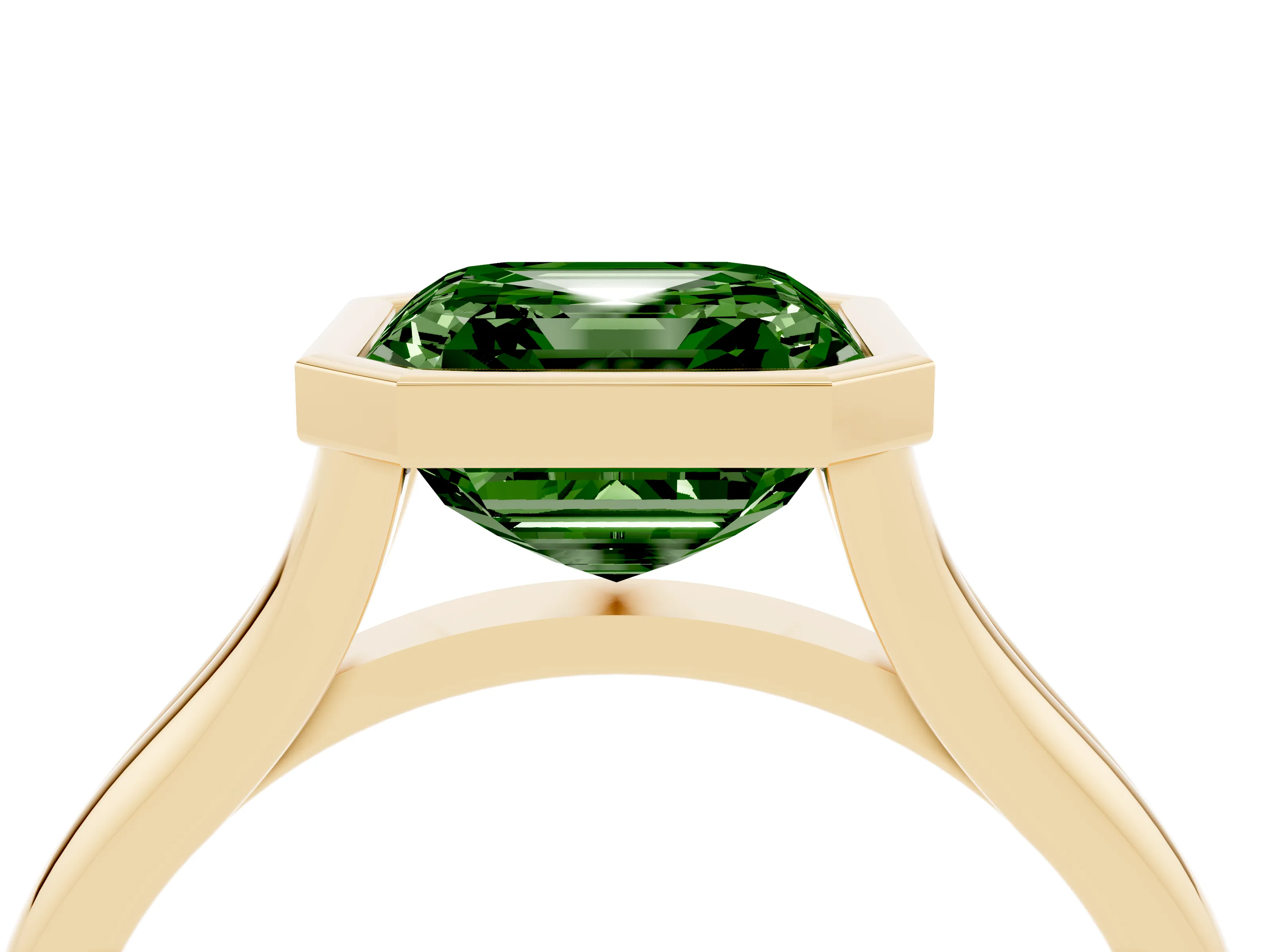 Fancy Green Bezel Set Asscher Cut Diamond Solitaire Ring Set in Yellow gold with Tapered Band