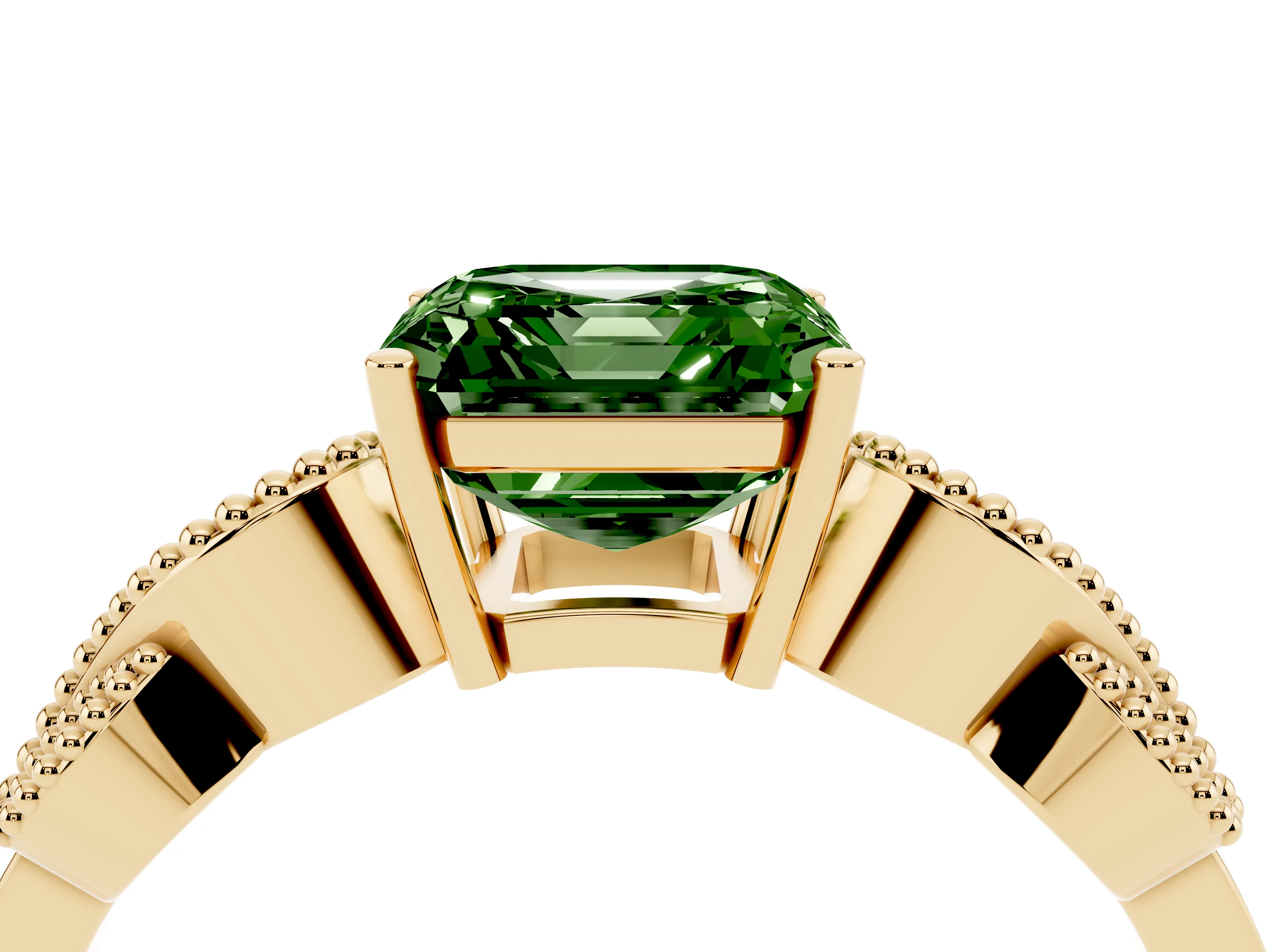 Fancy Green Asscher Cut Diamond Milgrain Leaf Band Solitaire Ring Set in Yellow gold with Accent Stones and Prong Setting