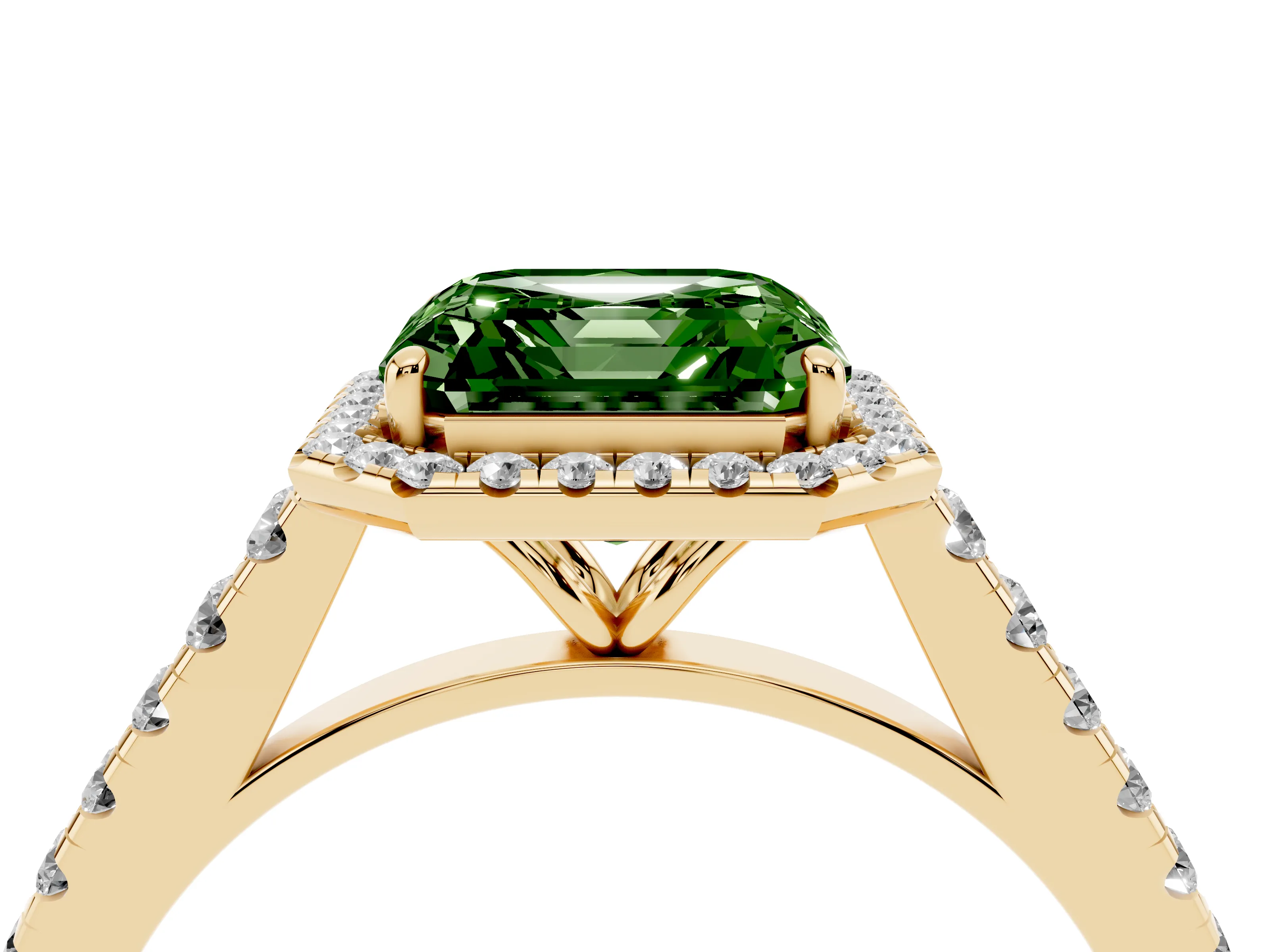 Fancy Green Asscher Cut Diamond Halo Pavé Engagement Ring Set in Yellow gold with Prong Setting