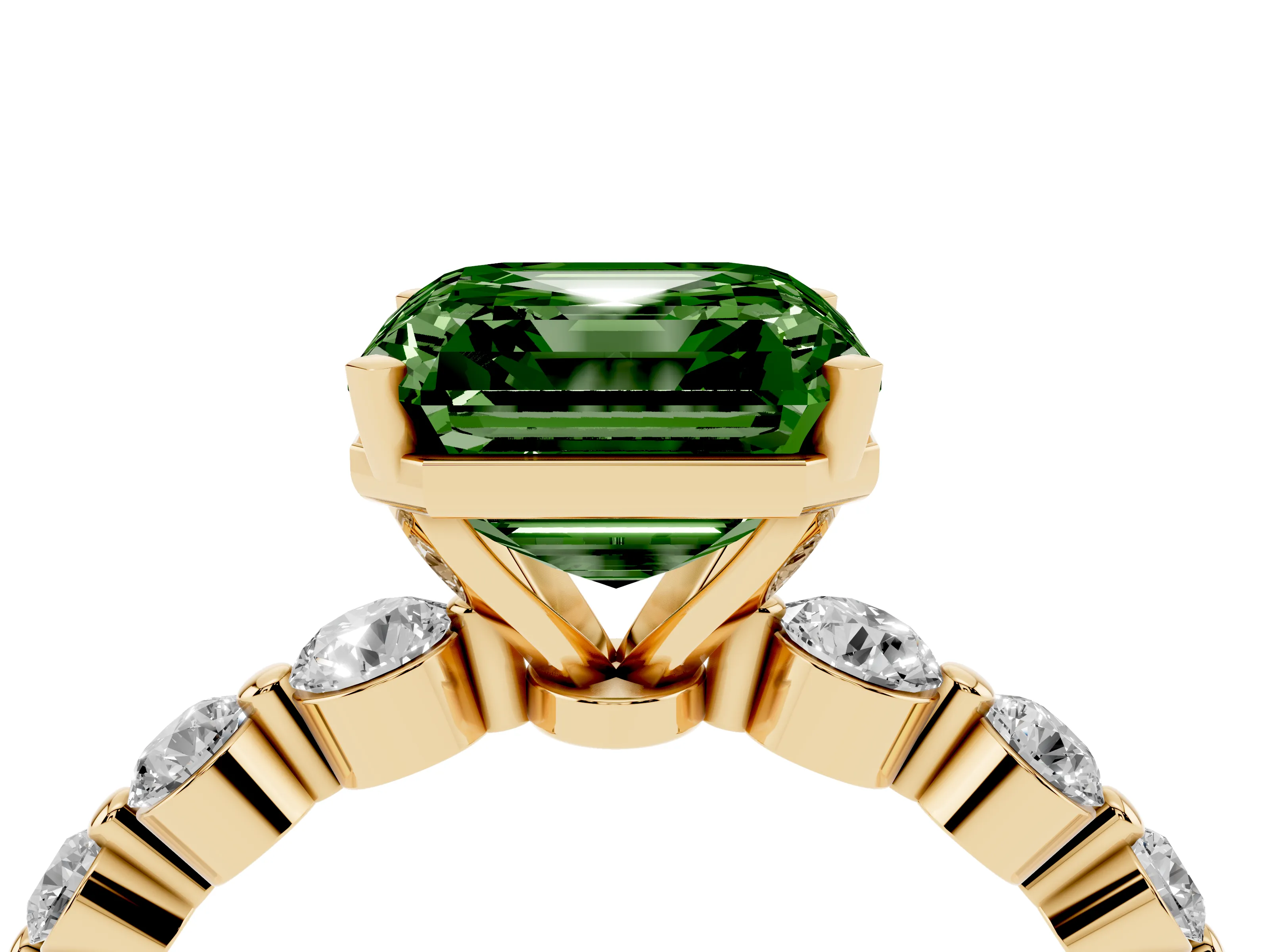 Fancy Green Asscher Cut Diamond Solitaire Ring Set in Yellow gold with Pavé Band and Prong Setting