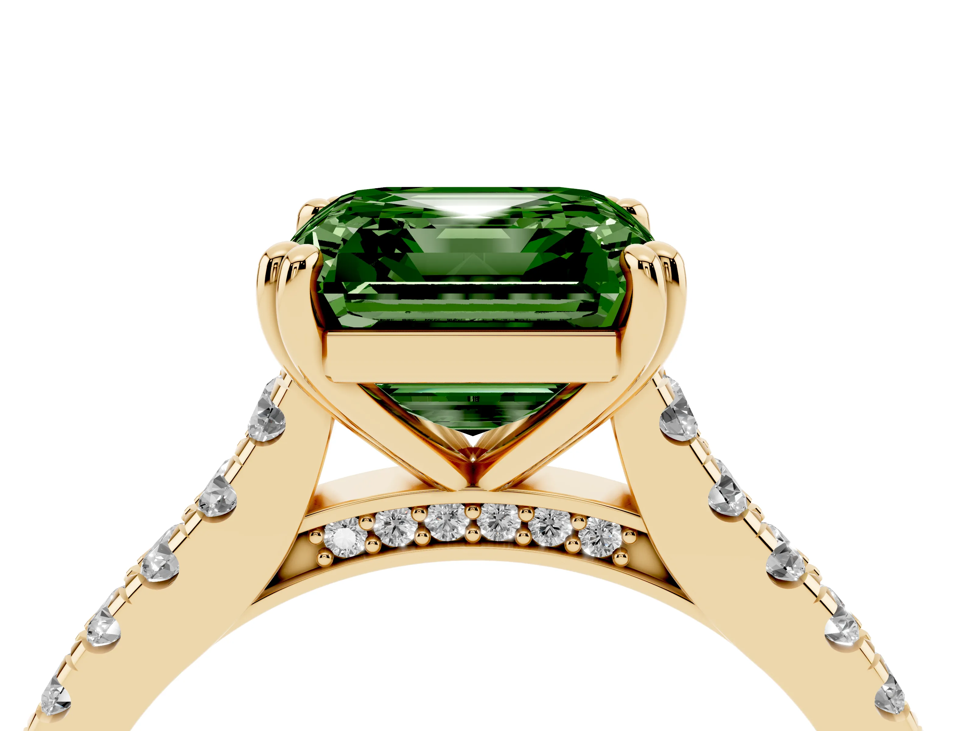 Fancy Green Asscher Cut Diamond Solitaire Engagement Ring Set in Yellow gold with Pavé Accents and Prong Setting