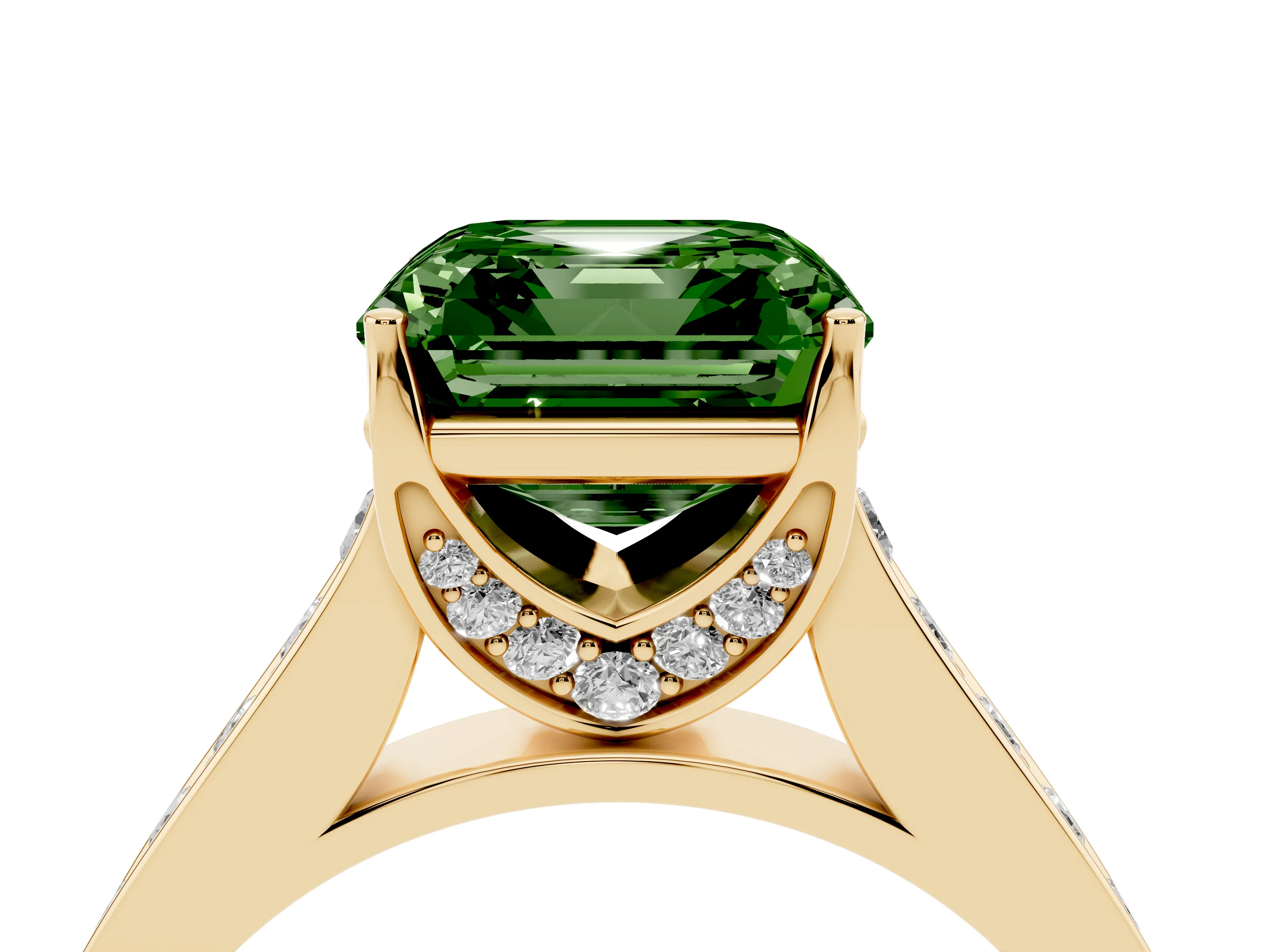 Fancy Green Asscher Cut Diamond Solitaire Pavé Engagement Ring Set in Yellow gold with Prong Setting