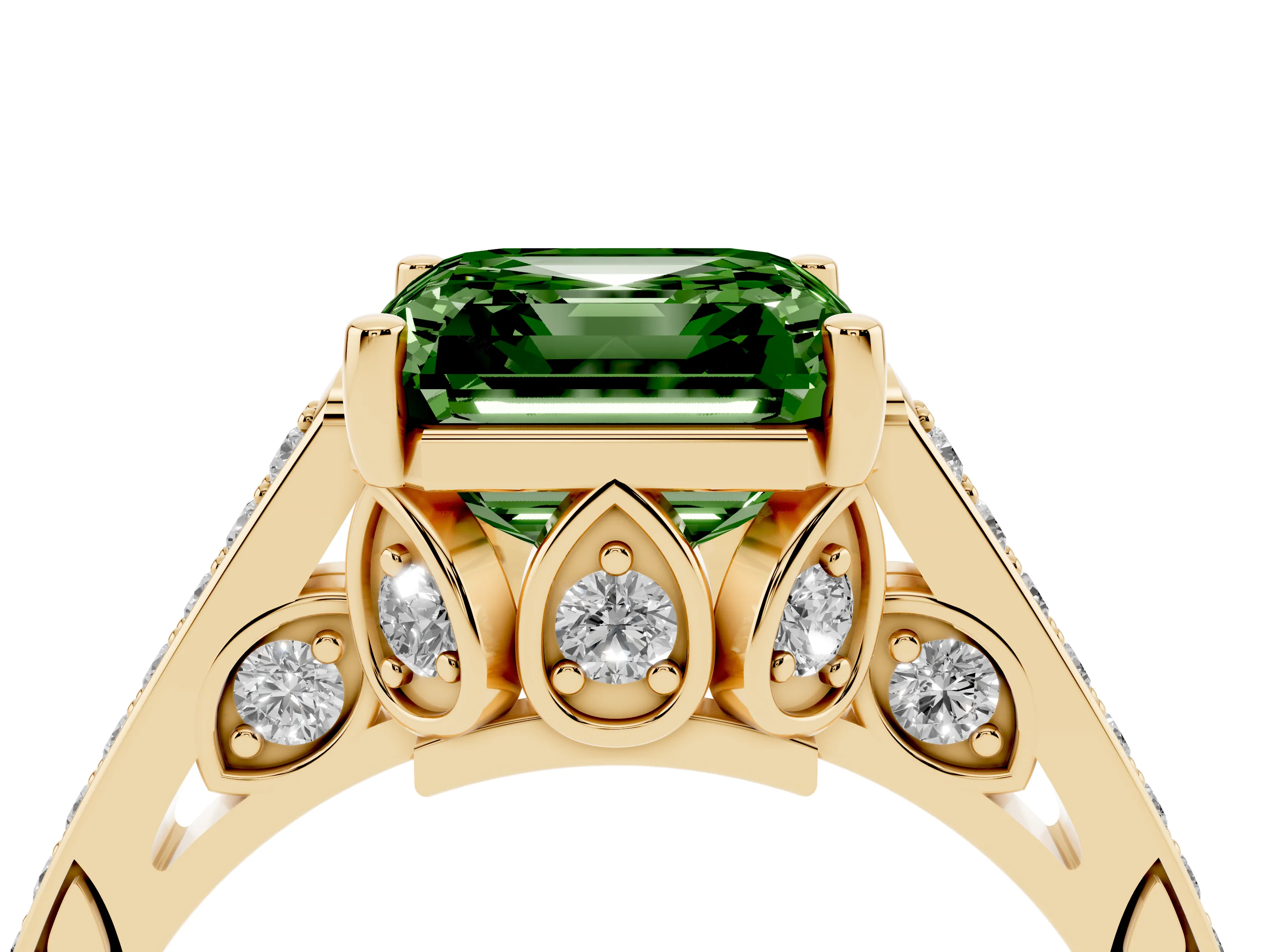 Fancy Green Asscher Cut Diamond Cathedral Pavé Engagement Ring Set in Yellow gold with Prong Setting
