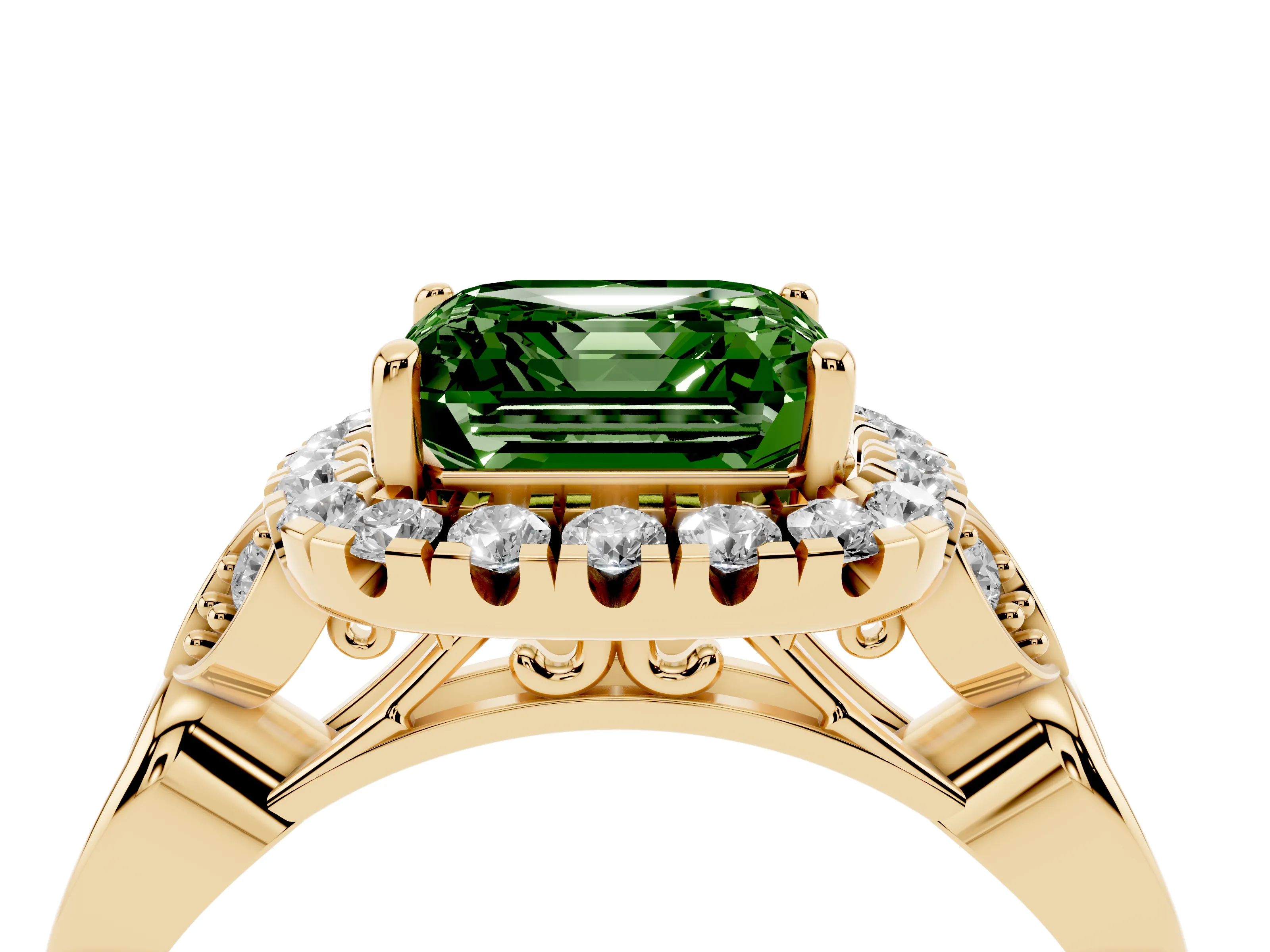 Fancy Green Asscher Cut Diamond Halo Engagement Ring Set in Yellow gold with Vintage-Inspired Band and Prong Setting