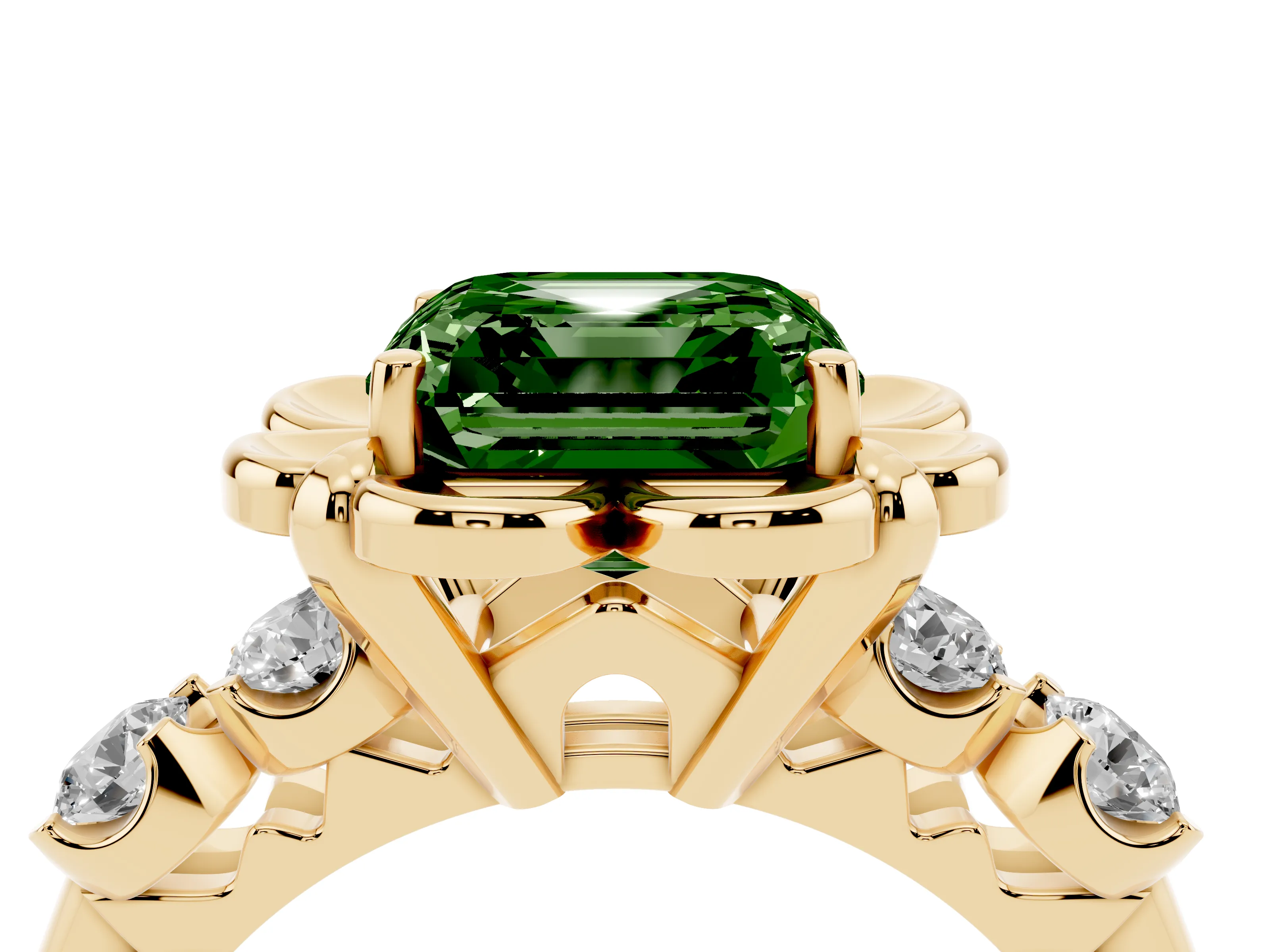 Fancy Green Asscher Cut Diamond Floral Halo Ring Set in Yellow gold with Shared Prong Band