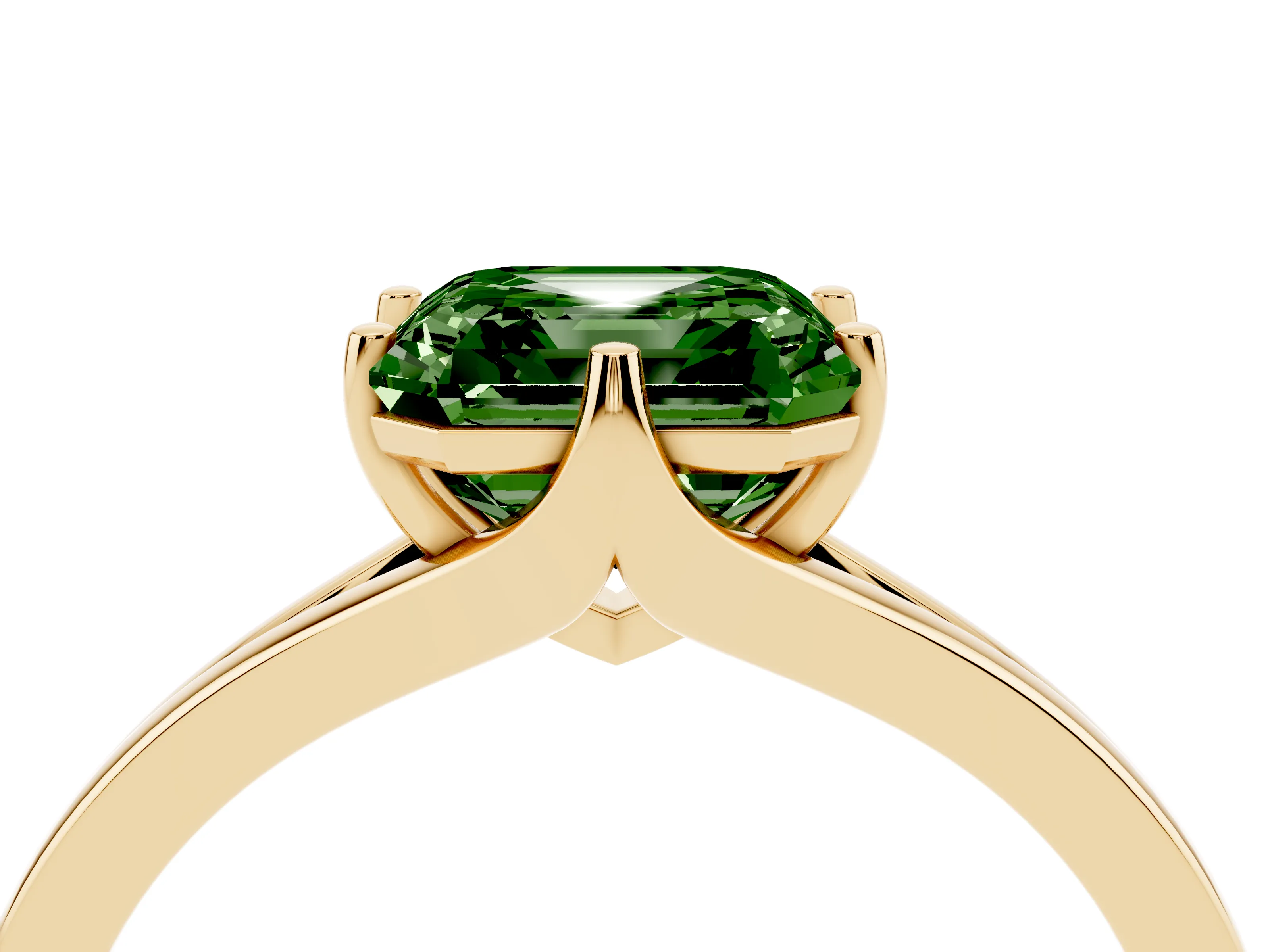 Fancy Green Asscher Cut Diamond Solitaire Ring Set in Yellow gold with Polished Tapered Band and Prong Setting