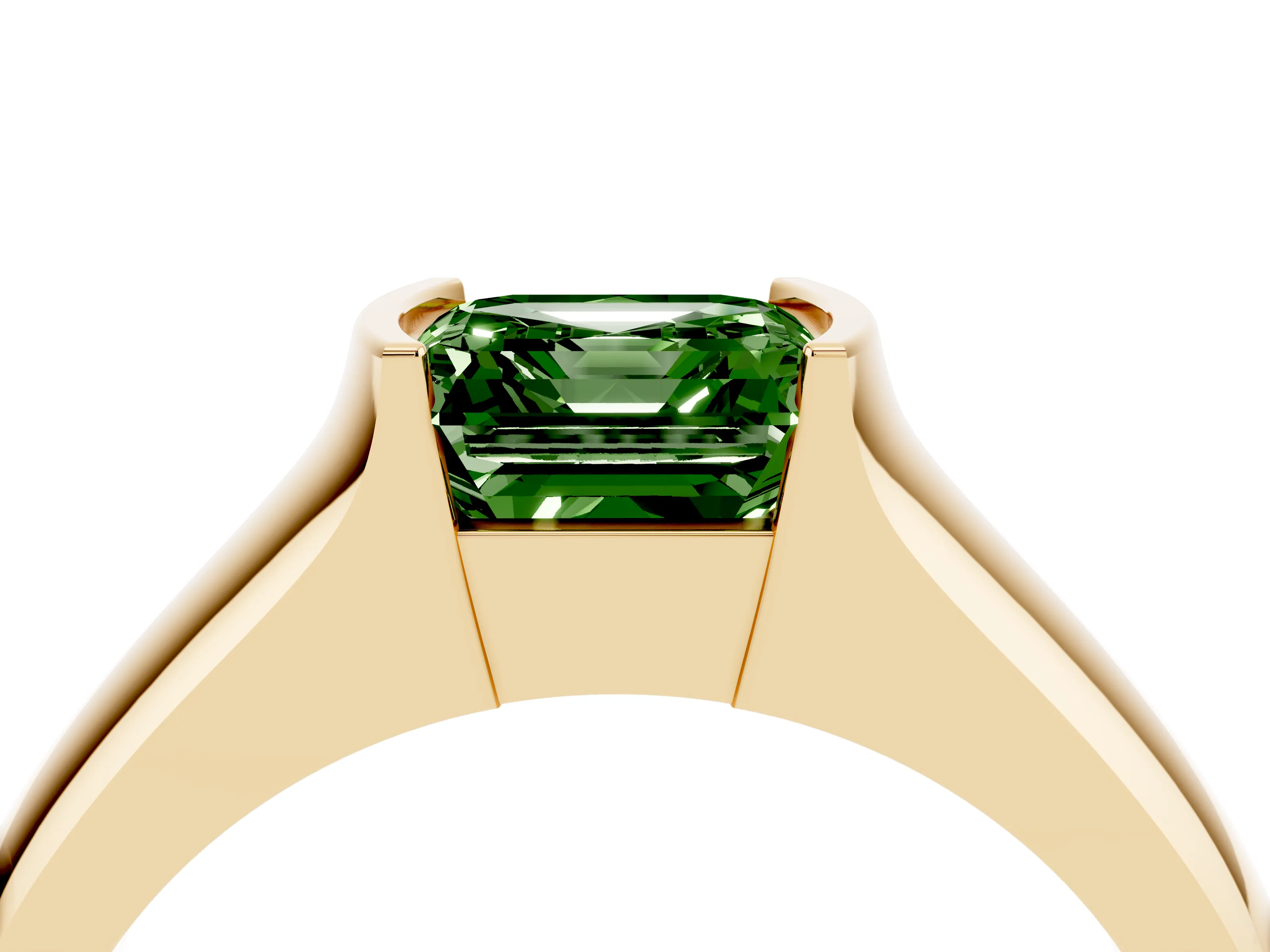 Fancy Green Asscher Cut Diamond Bezel Solitaire Ring Set in Yellow gold with Wide Band