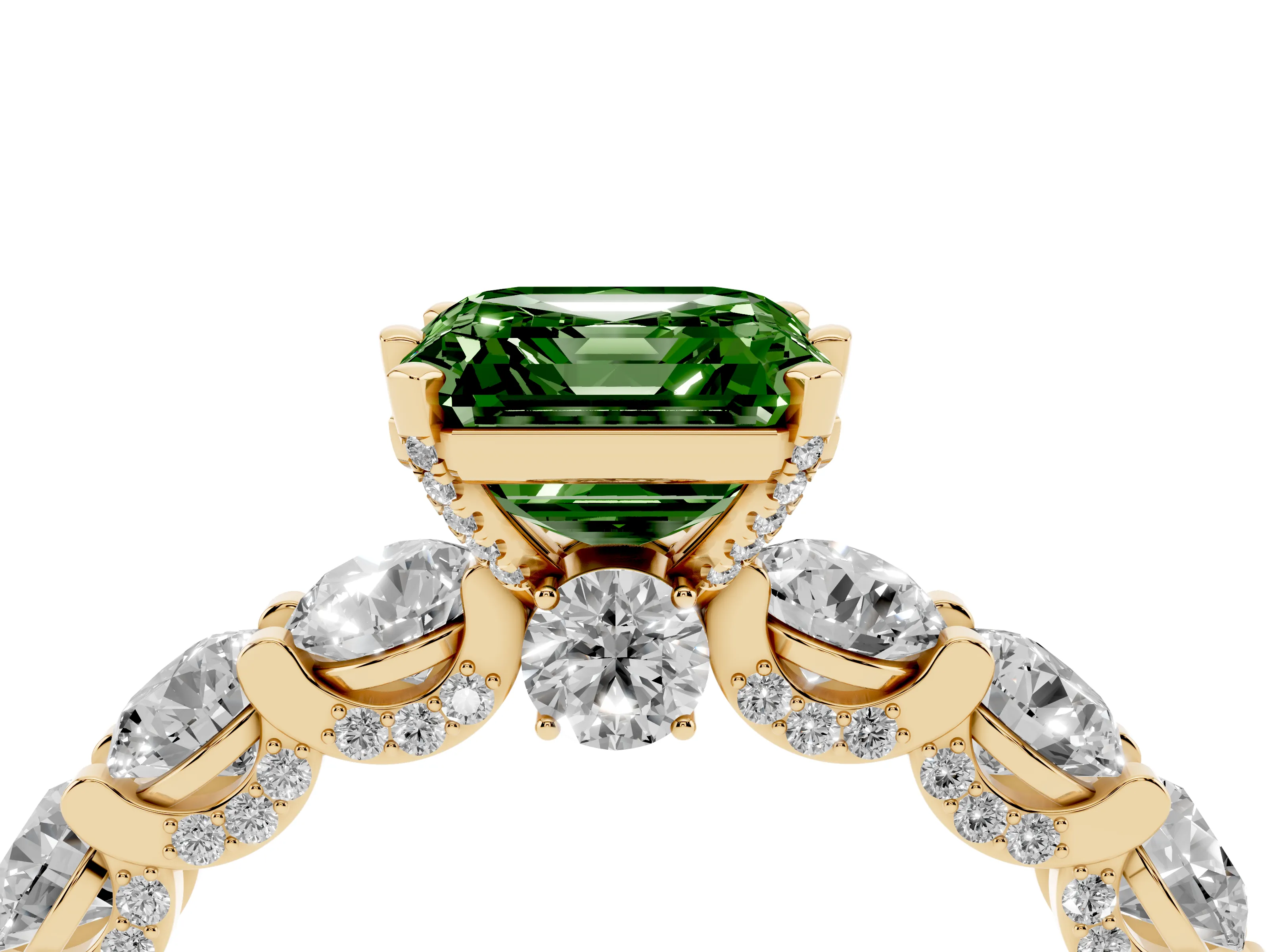 Fancy Green Asscher Cut Diamond Side Stone Ring Set in Yellow gold with Alternating Round and Oval Side Stones