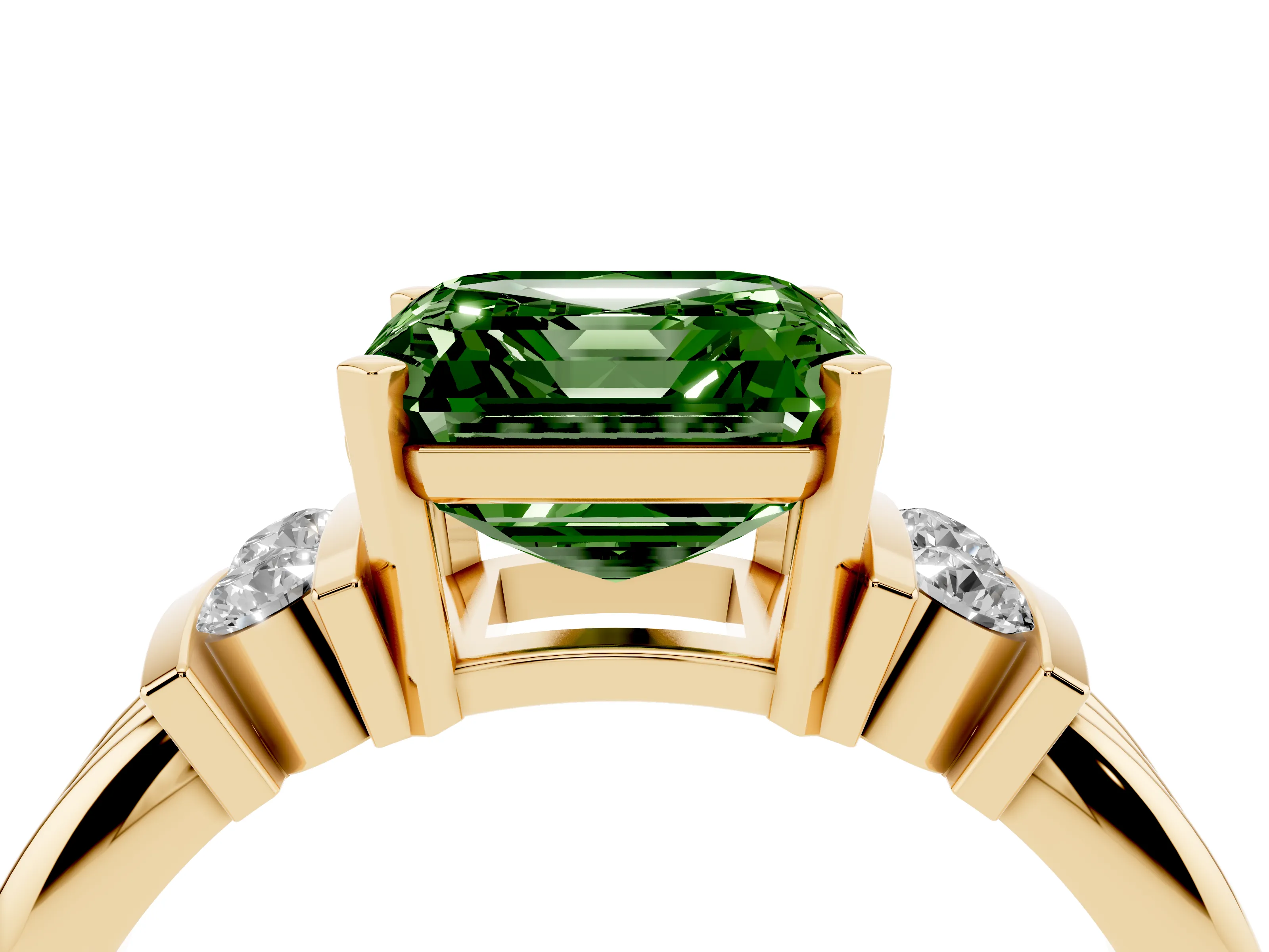 Fancy Green Three-Stone Asscher Cut Diamond Channel Set Ring Set in Yellow gold with Bar Prongs