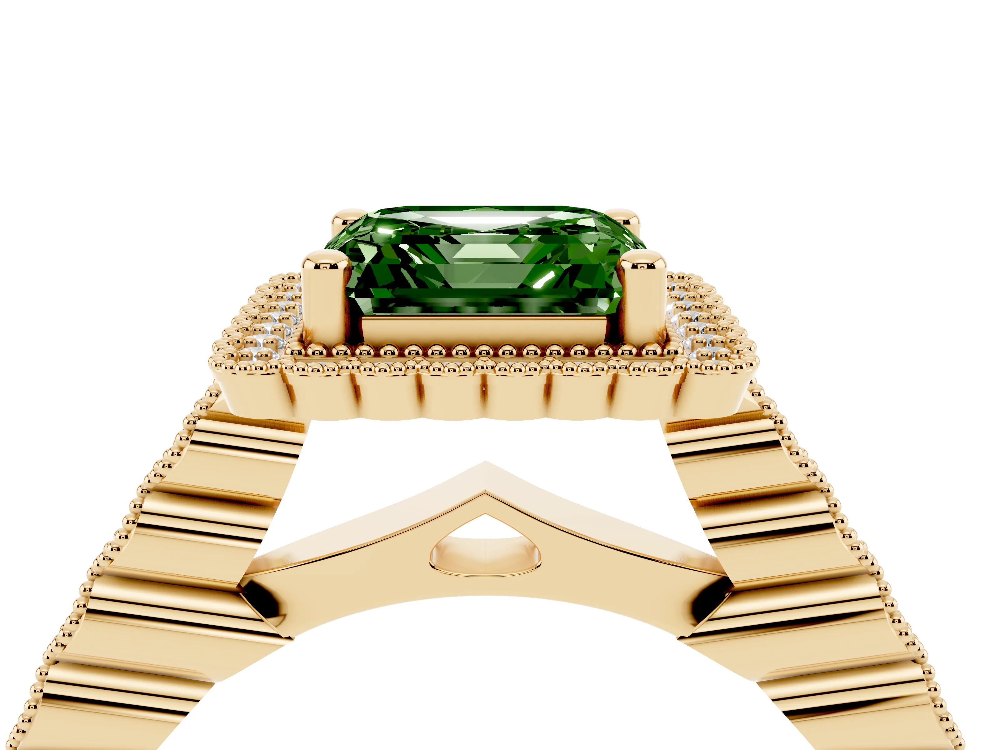 Fancy Green Asscher Cut Diamond Halo Ring Set in Yellow gold with Pavé Milgrain Band