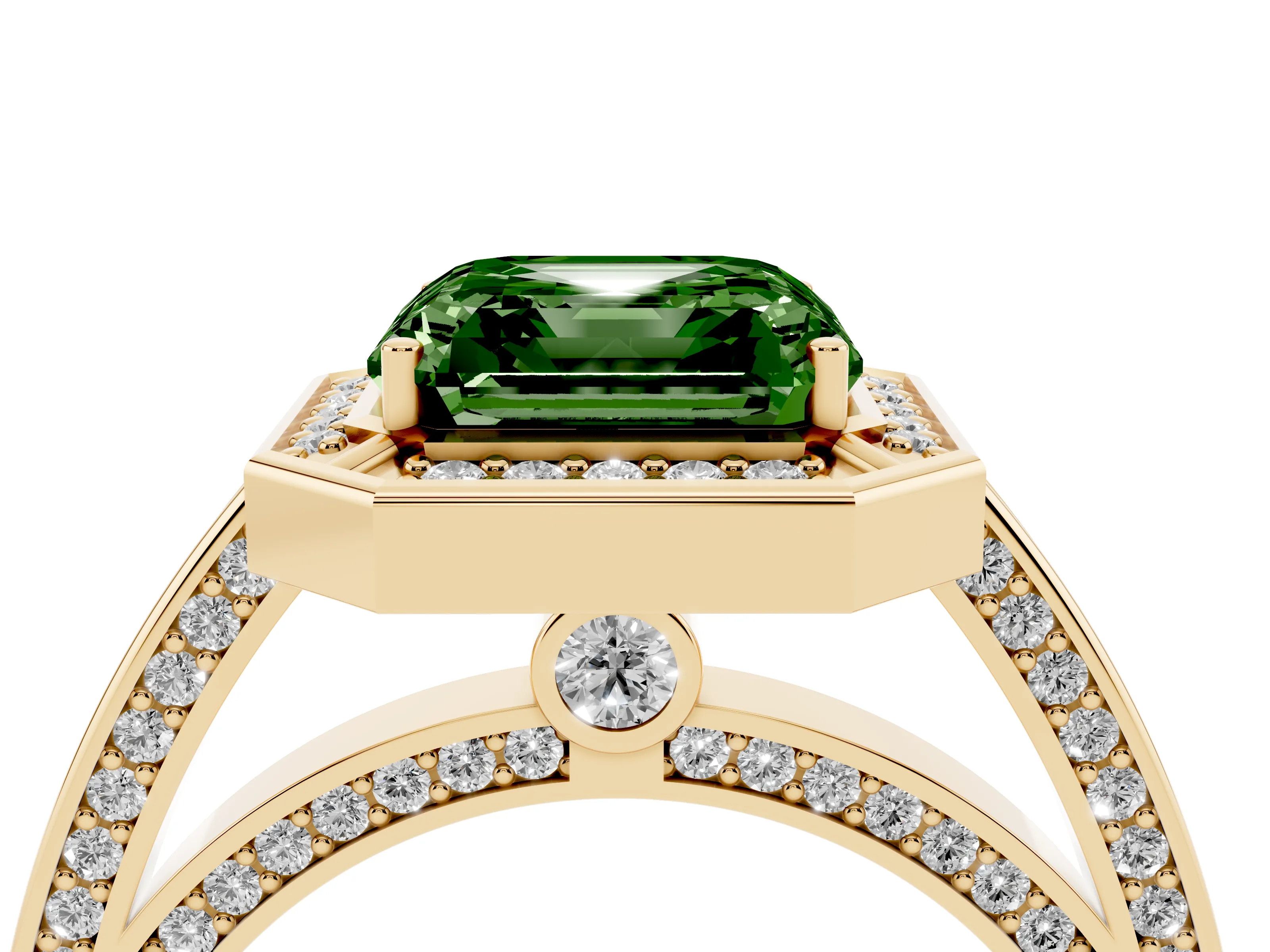 Fancy Green Asscher Cut Diamond Halo Pavé Split Shank Ring Set in Yellow gold with Prong Setting