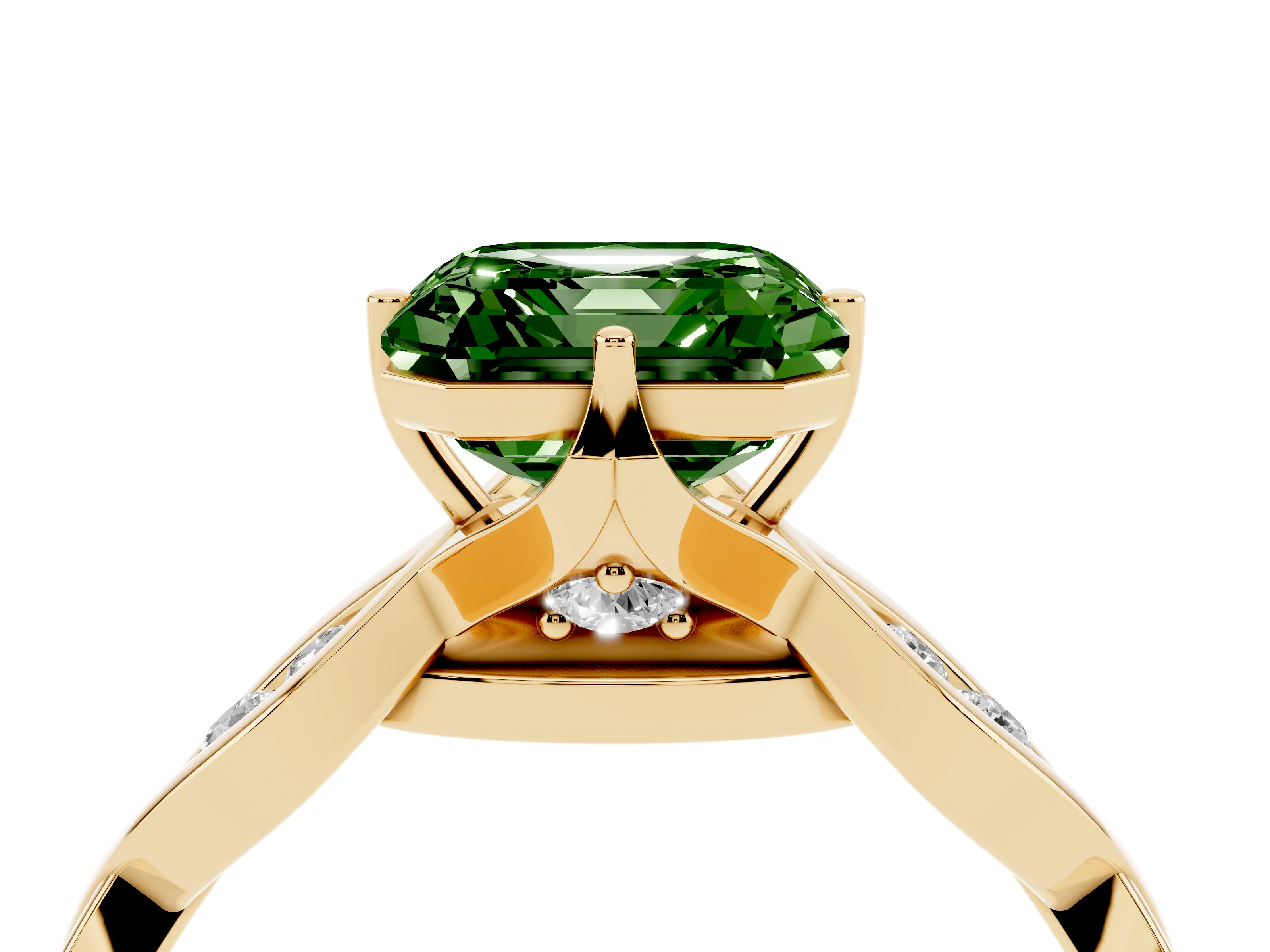 Fancy Green Asscher Cut Diamond Twist Band Solitaire Ring Set in Yellow gold with Leaf Prong Setting and Accent Stones