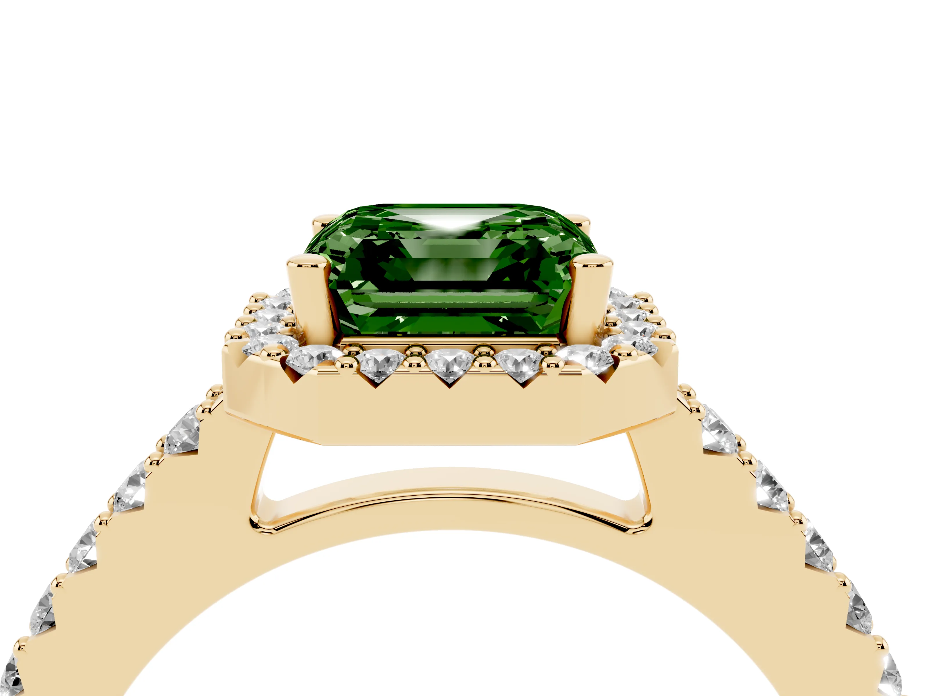 Fancy Green Asscher Cut Diamond Halo Pavé Solitaire Ring Set in Yellow gold with Prong-Set Center Stone